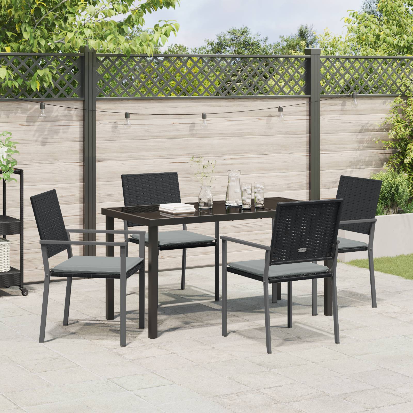 vidaXL 5-teiliges Garten-Esszimmer-Set mit Kissen Schwarz Poly Rattan