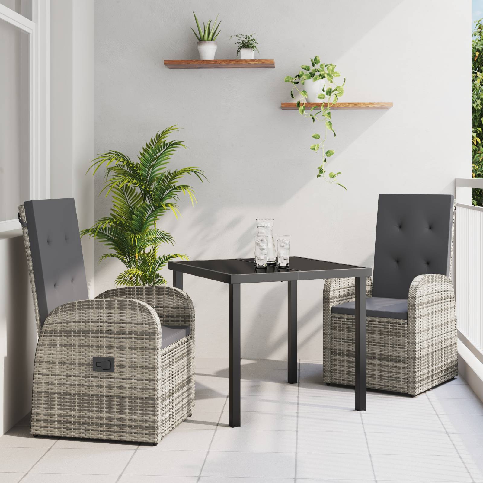 vidaXL 3-tlg. Garten-Essgruppe mit Kissen Grau Poly Rattan