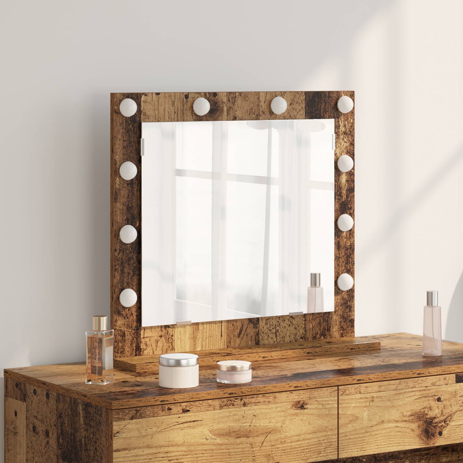 vidaXL Schminkspiegel mit LED-Lichtern Altes Holz 60x55x18 cm