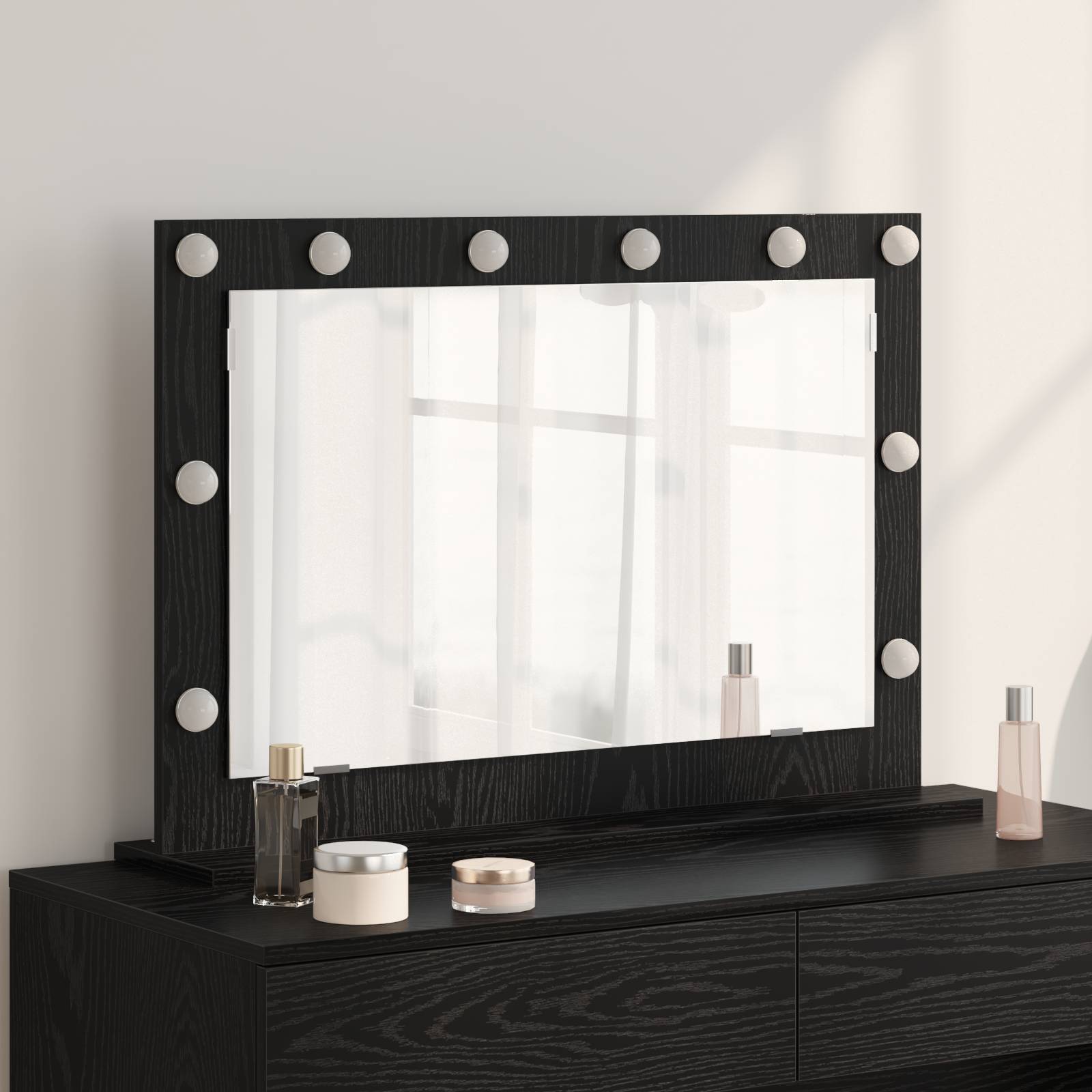vidaXL Schminkspiegel mit LED-Lichtern Schwarz Eiche 80x55x18 cm