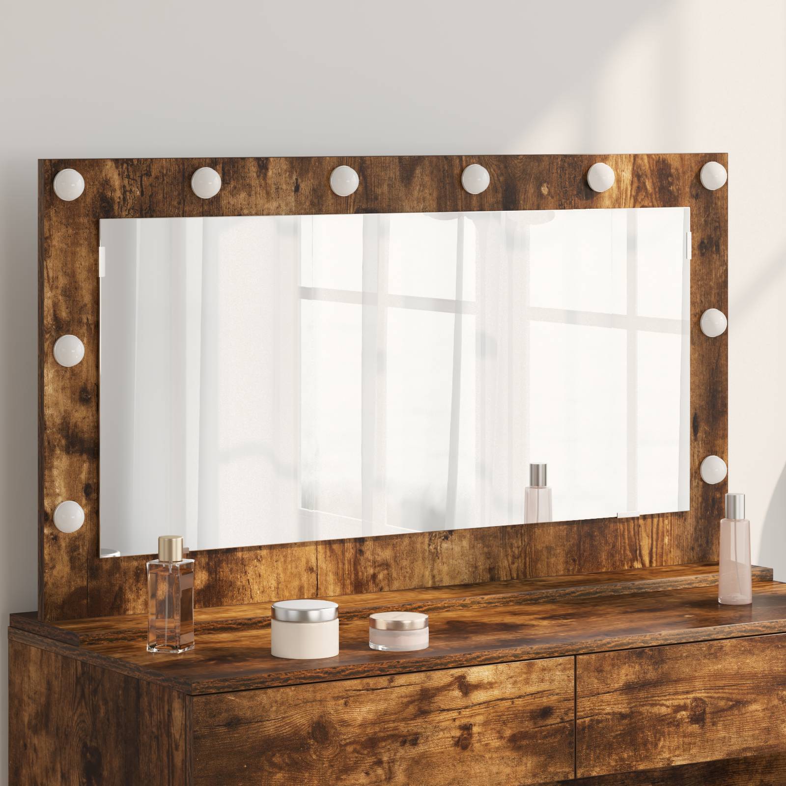 vidaXL Schminkspiegel Geräucherte Eiche Holz, Glas 100 x 55 x 18 cm