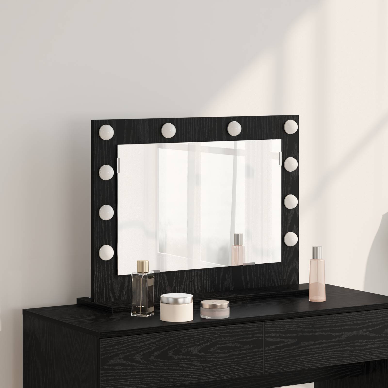 vidaXL Kosmetikspiegel mit LED-Lichtern Schwarz Eichenholz 60x45x18 cm