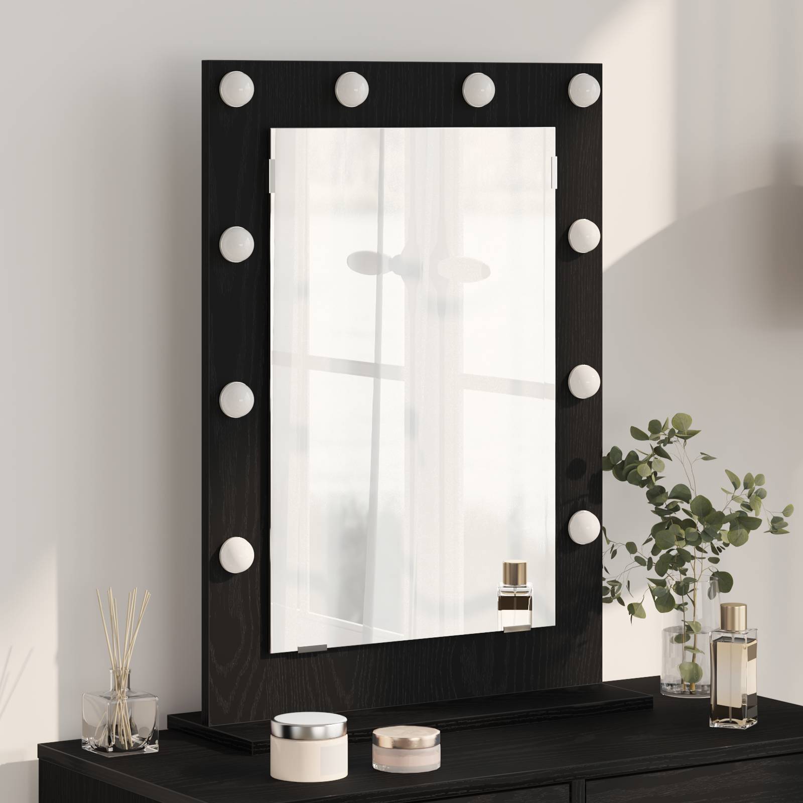 vidaXL Kosmetikspiegel mit LED-Lichtern Schwarz Eiche 70x50x18 cm