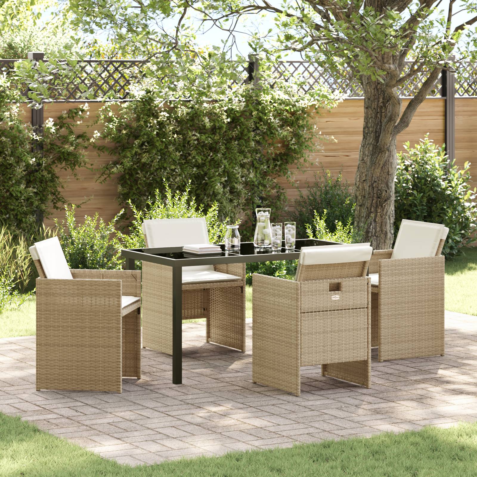 vidaXL 5-teiliges Garten-Essset mit Kissen, beiges Poly-Rattan