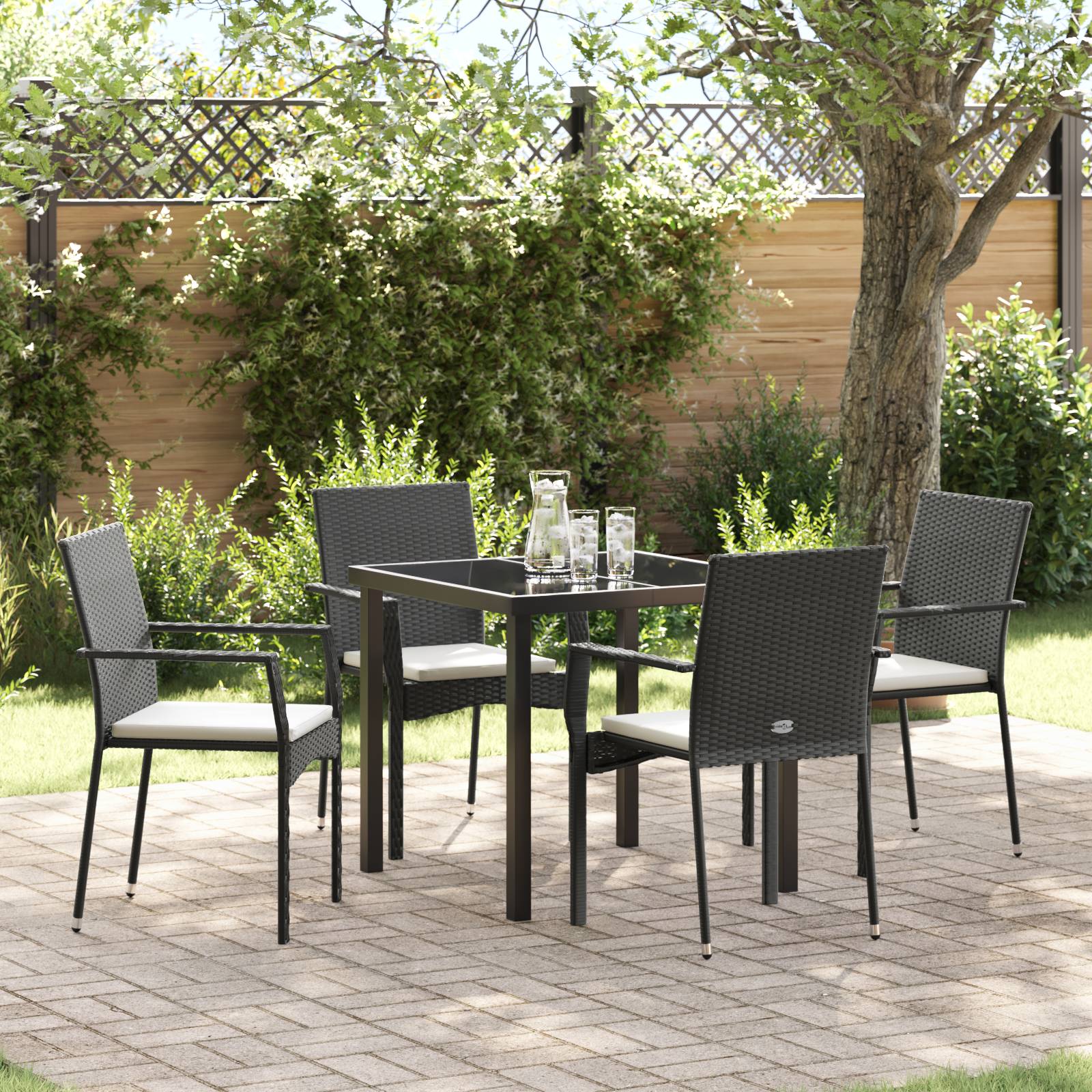 vidaXL 5-teiliges Garten-Ess-Set mit Kissen Schwarz Poly Rattan