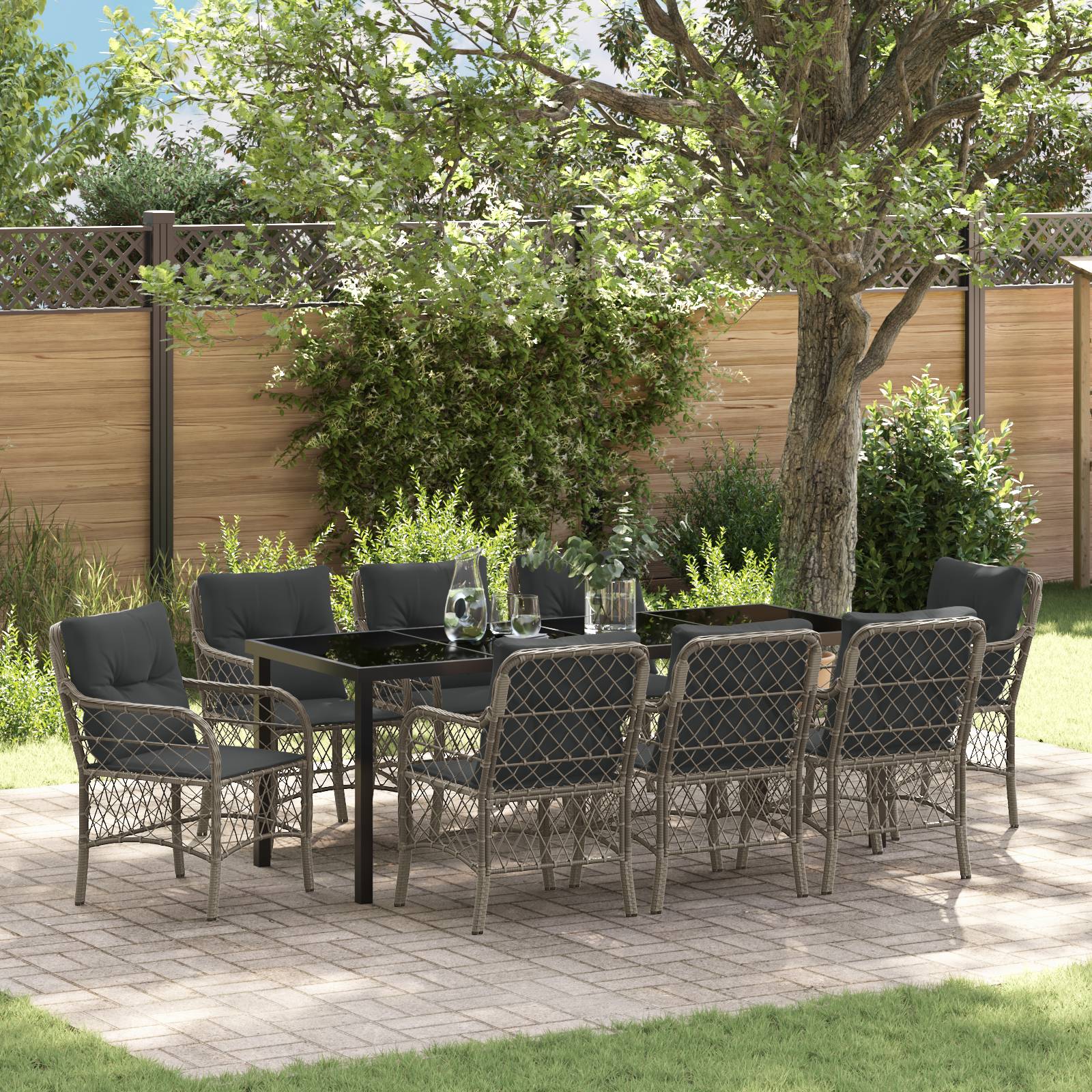 vidaXL 9-teiliges Garten-Essset mit Kissen Grau Poly-Rattan