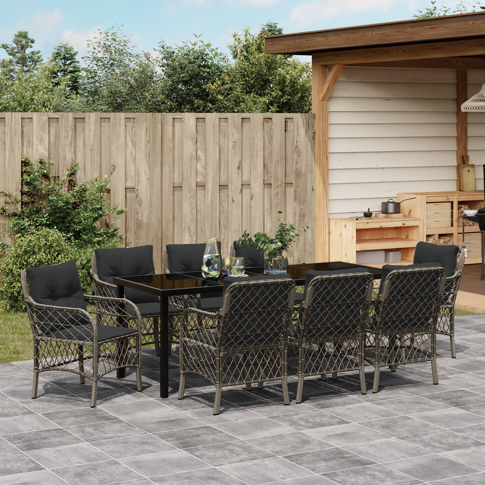 vidaXL 9-teiliges Garten-Essset mit Kissen Grau Poly-Rattan