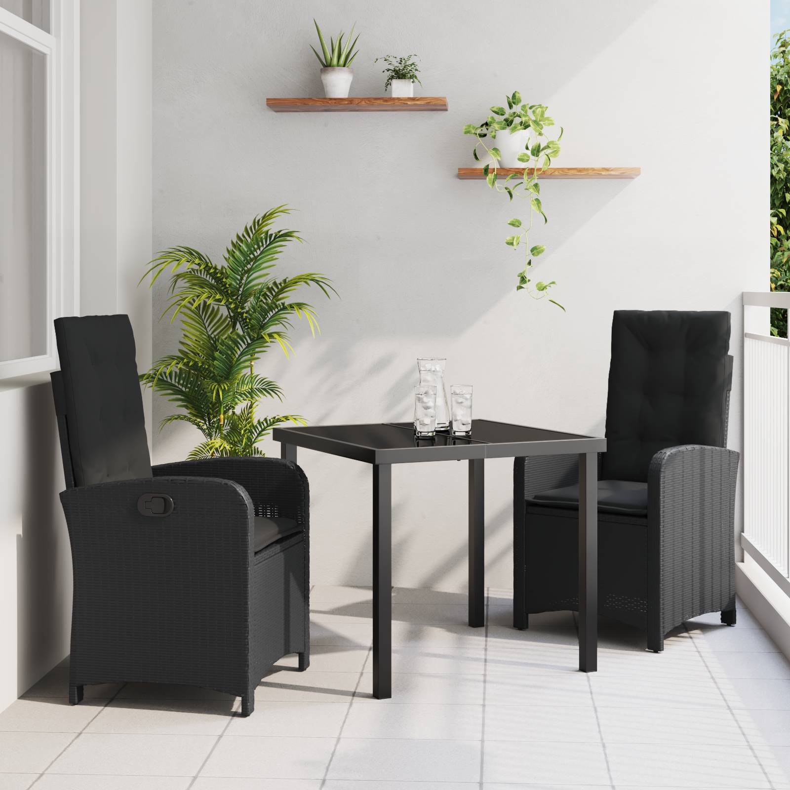 vidaXL 3-teiliges Garten-Dining-Set mit Kissen Schwarz Poly-Rattan