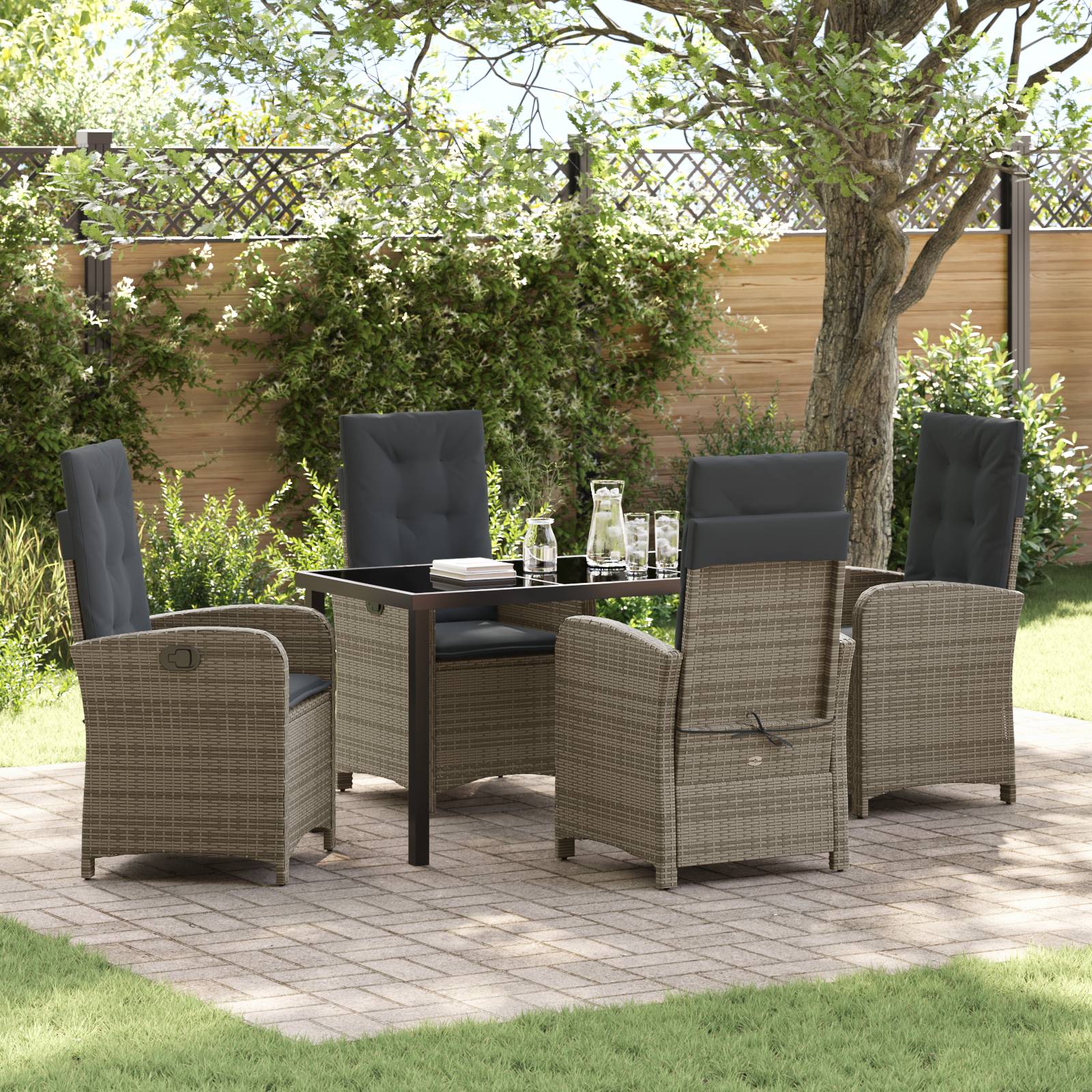 vidaXL 5-teiliges Garten-Esszimmer-Set mit Kissen Grau Poly-Rattan
