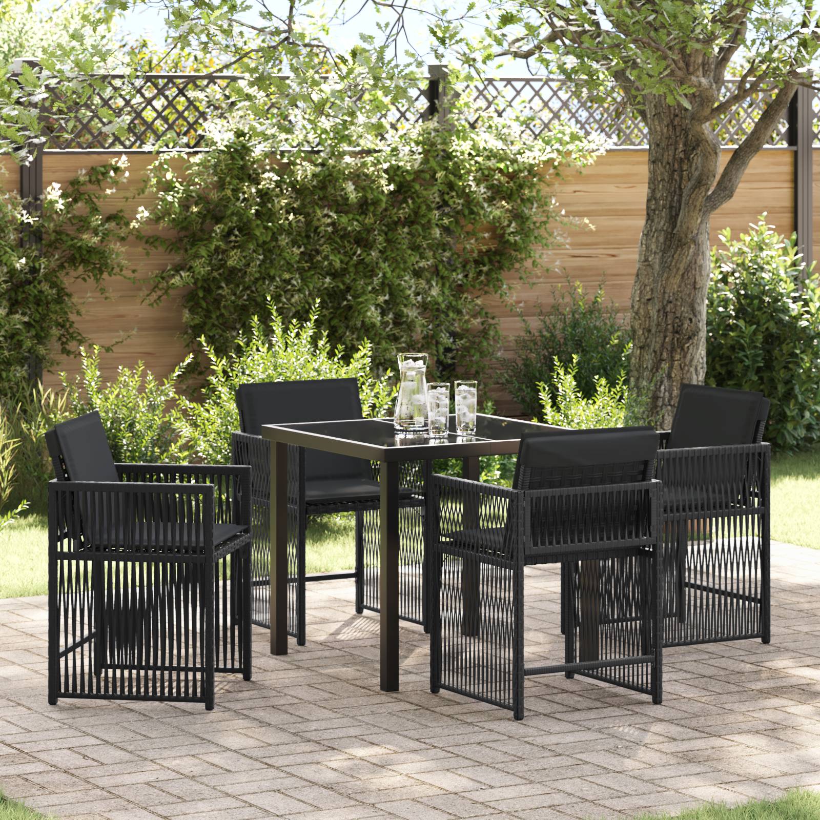 vidaXL 5-teiliges Garten-Dining-Set mit Kissen Schwarz Poly-Rattan