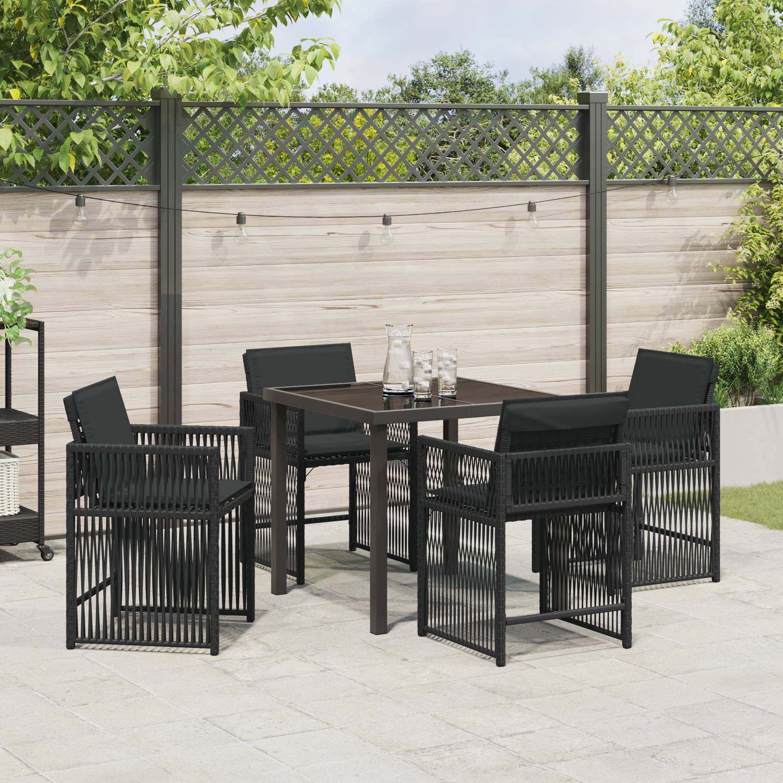 vidaXL 5-teiliges Garten-Dining-Set mit Kissen Schwarz Poly-Rattan