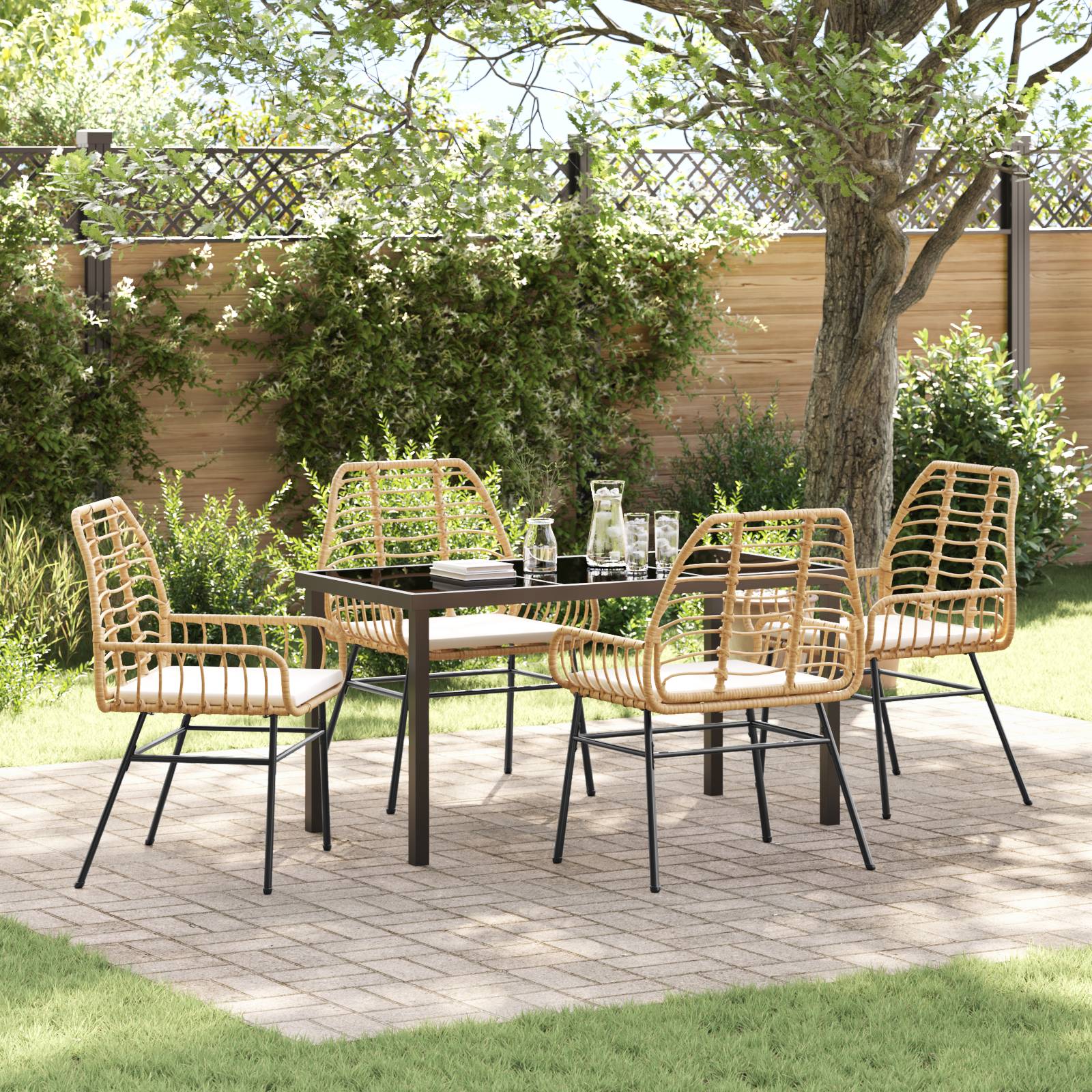 vidaXL 5-teiliges Garten-Essenset mit Kissen in Braun aus Poly-Rattan