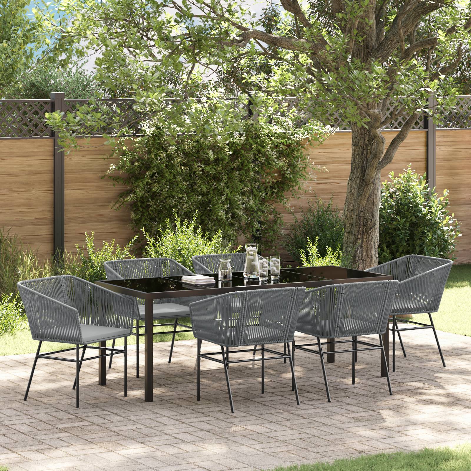 vidaXL 7-teilige Garten-Essgruppe mit Polstern Grau Poly Rattan