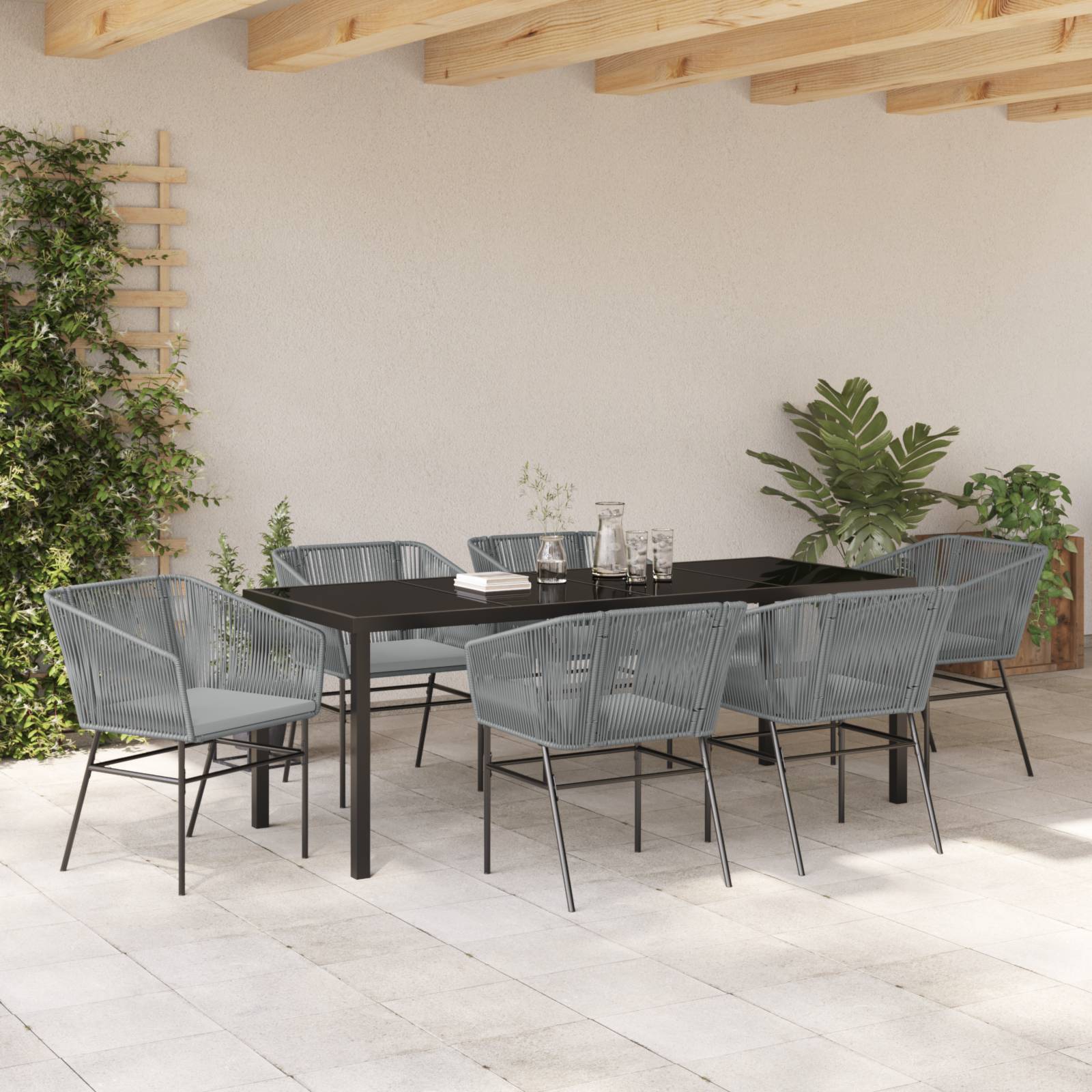 vidaXL 7-teilige Garten-Essgruppe mit Polstern Grau Poly Rattan