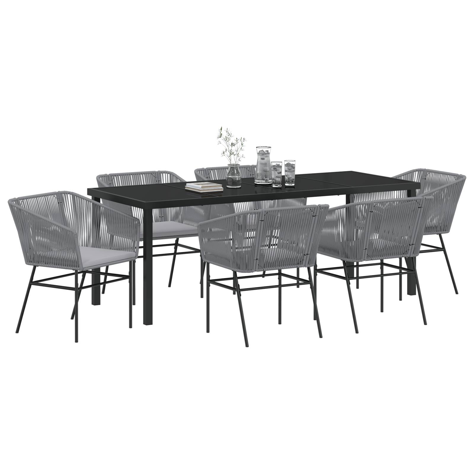 vidaXL 7-teilige Garten-Essgruppe mit Polstern Grau Poly Rattan