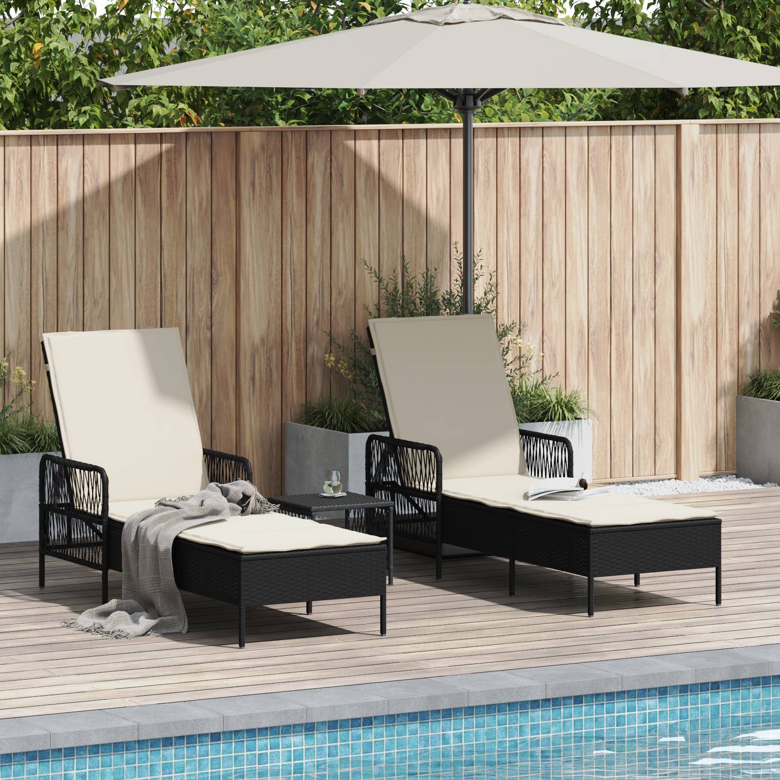 vidaXL Sonnenliege Set 3-teilig Schwarz und Creme PE Rattan, Metall