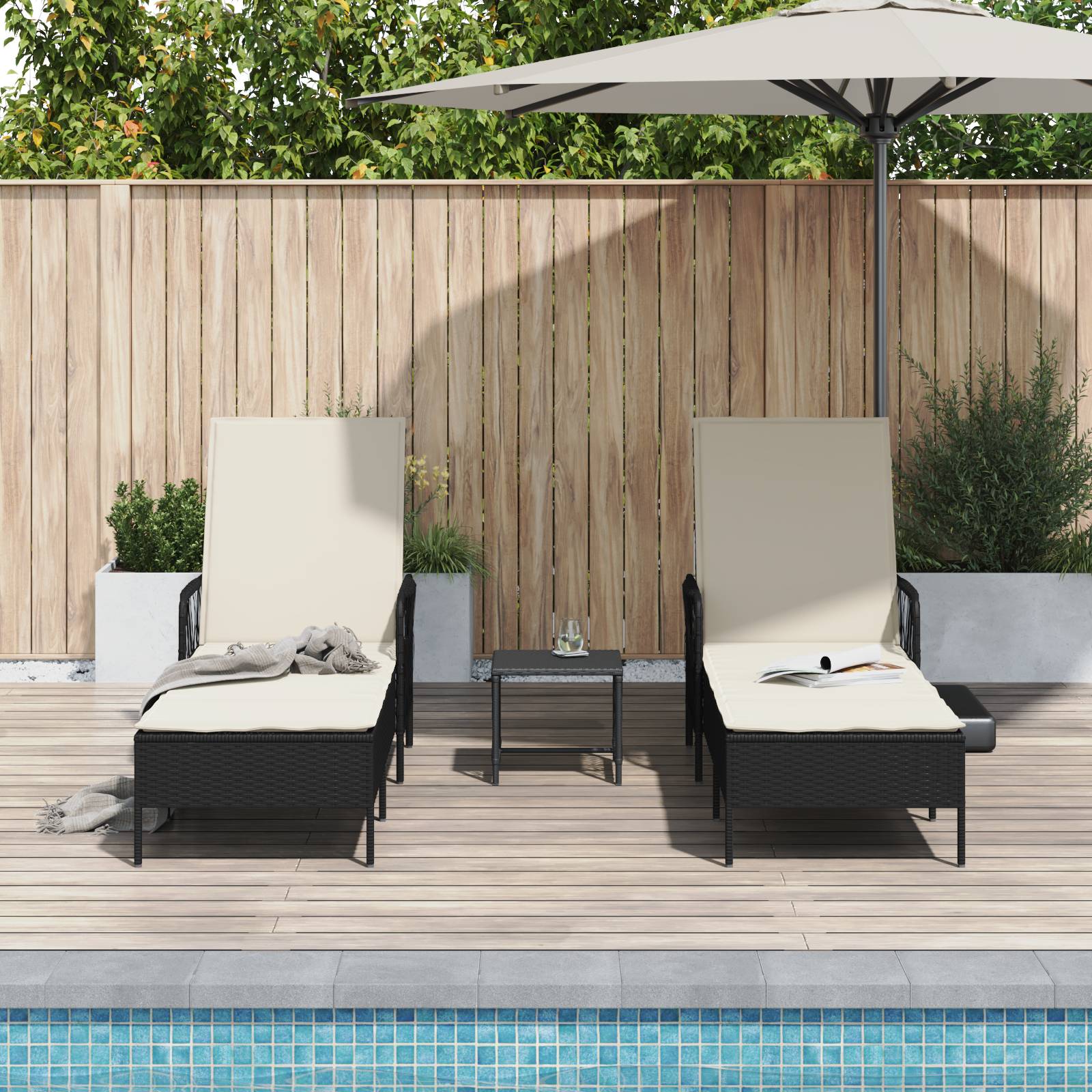 vidaXL Sonnenliege Set 3-teilig Schwarz und Creme PE Rattan, Metall