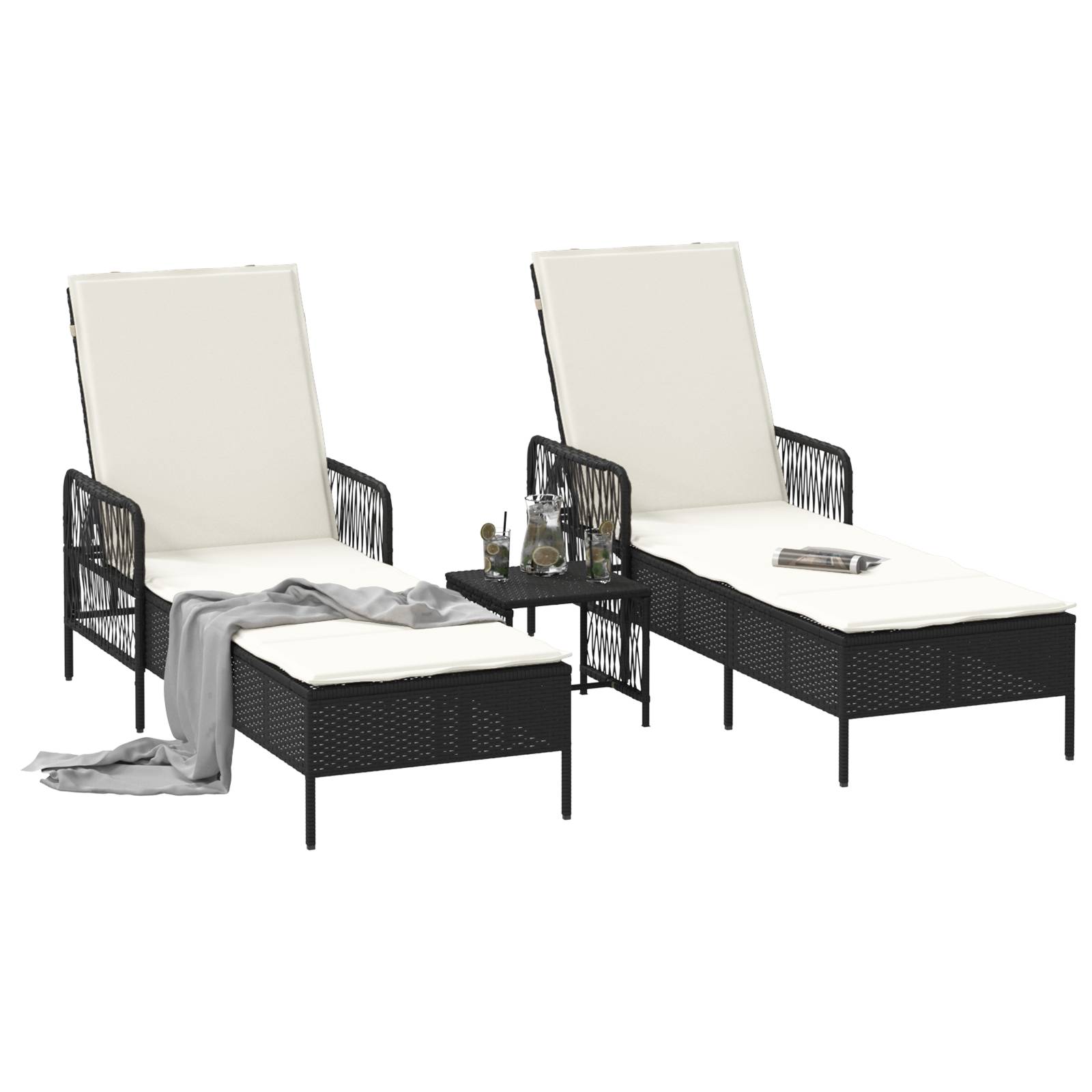 vidaXL Sonnenliege Set 3-teilig Schwarz und Creme PE Rattan, Metall