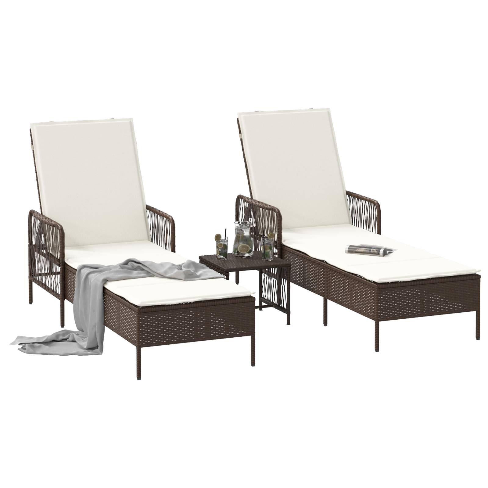 vidaXL Sonnenliege Set 3-teilig Braun und cremeweiß PE Rattan, Metall