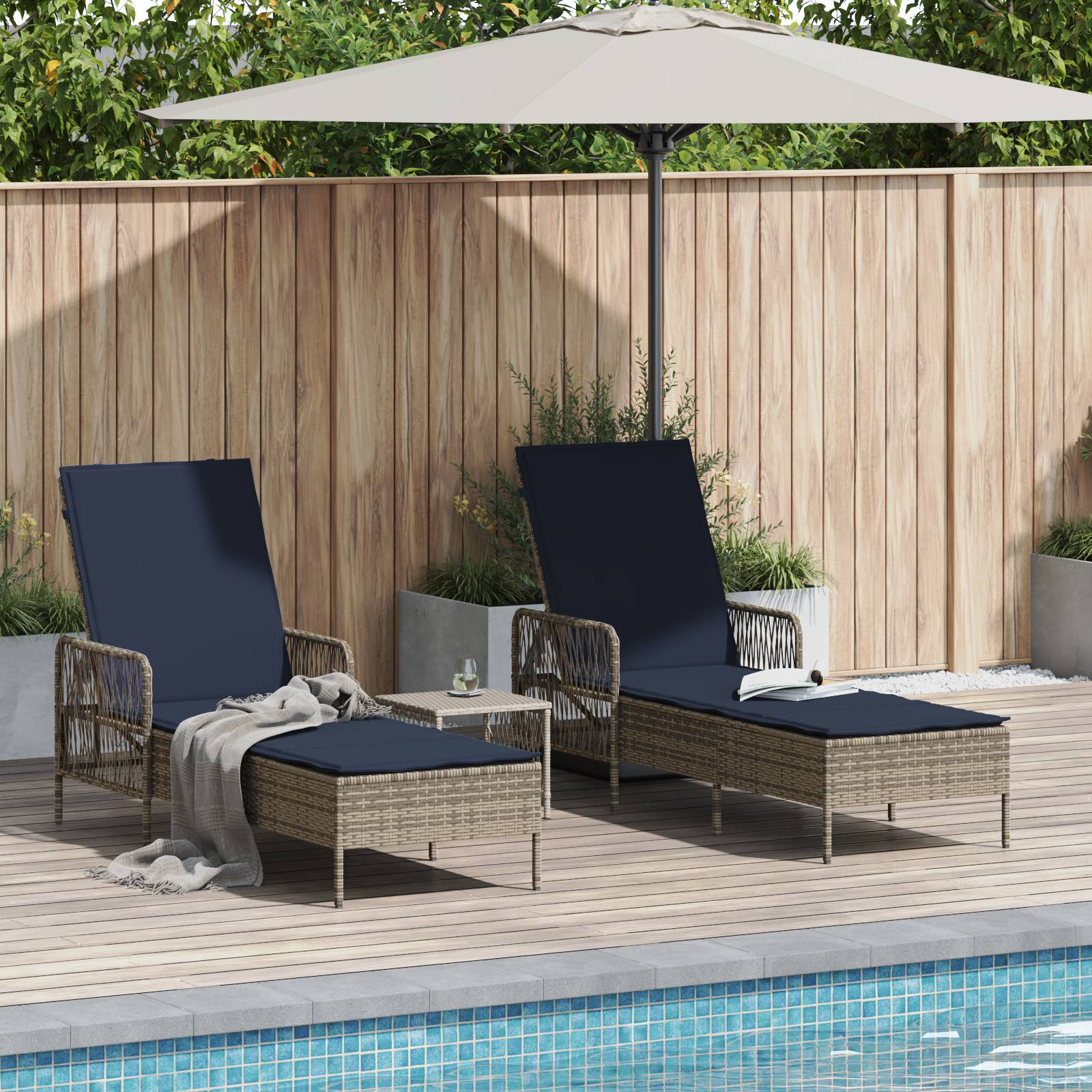vidaXL Sonnenliege Set aus 3 Grau und marineblau PE-Rattan, Metall