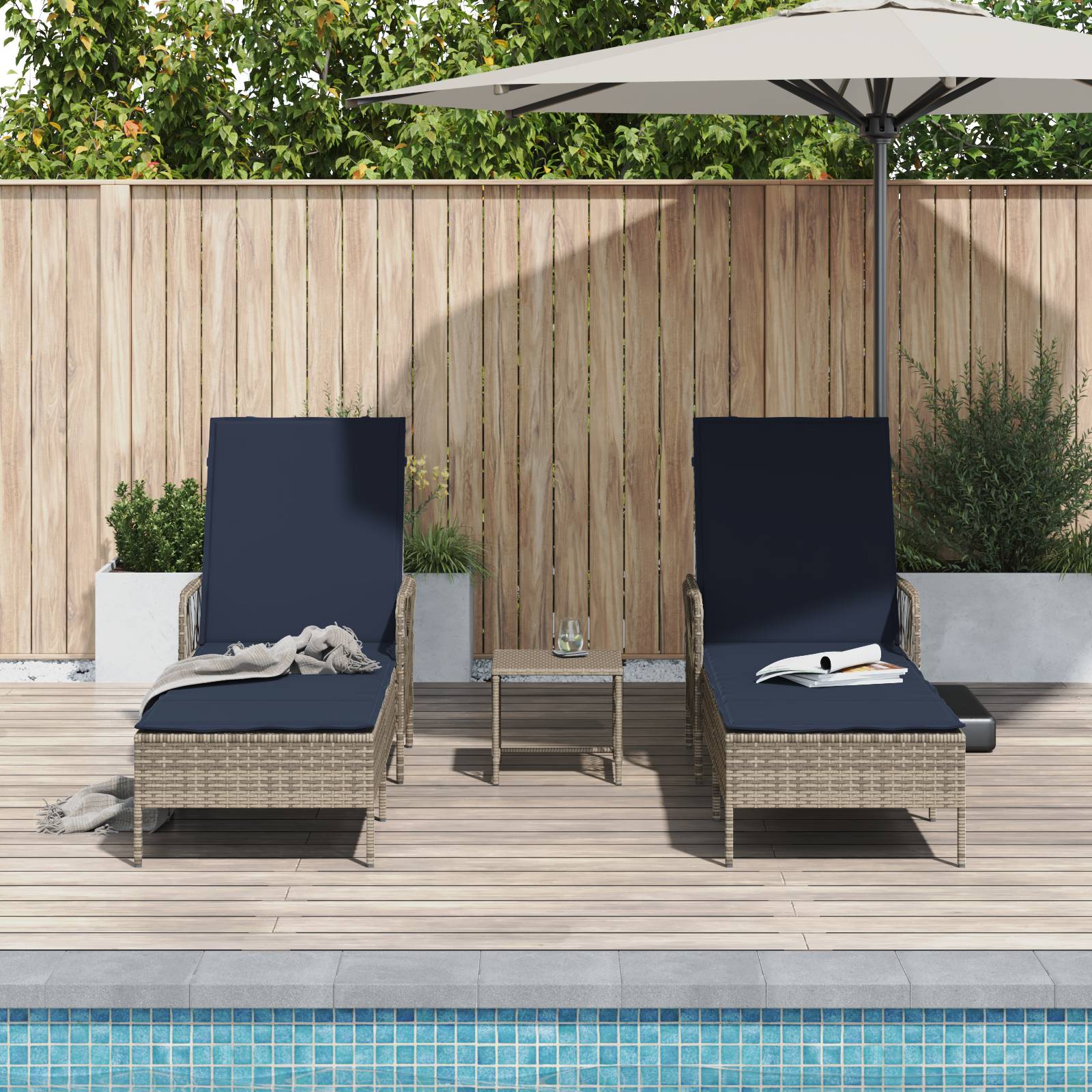 vidaXL Sonnenliege Set aus 3 Grau und marineblau PE-Rattan, Metall
