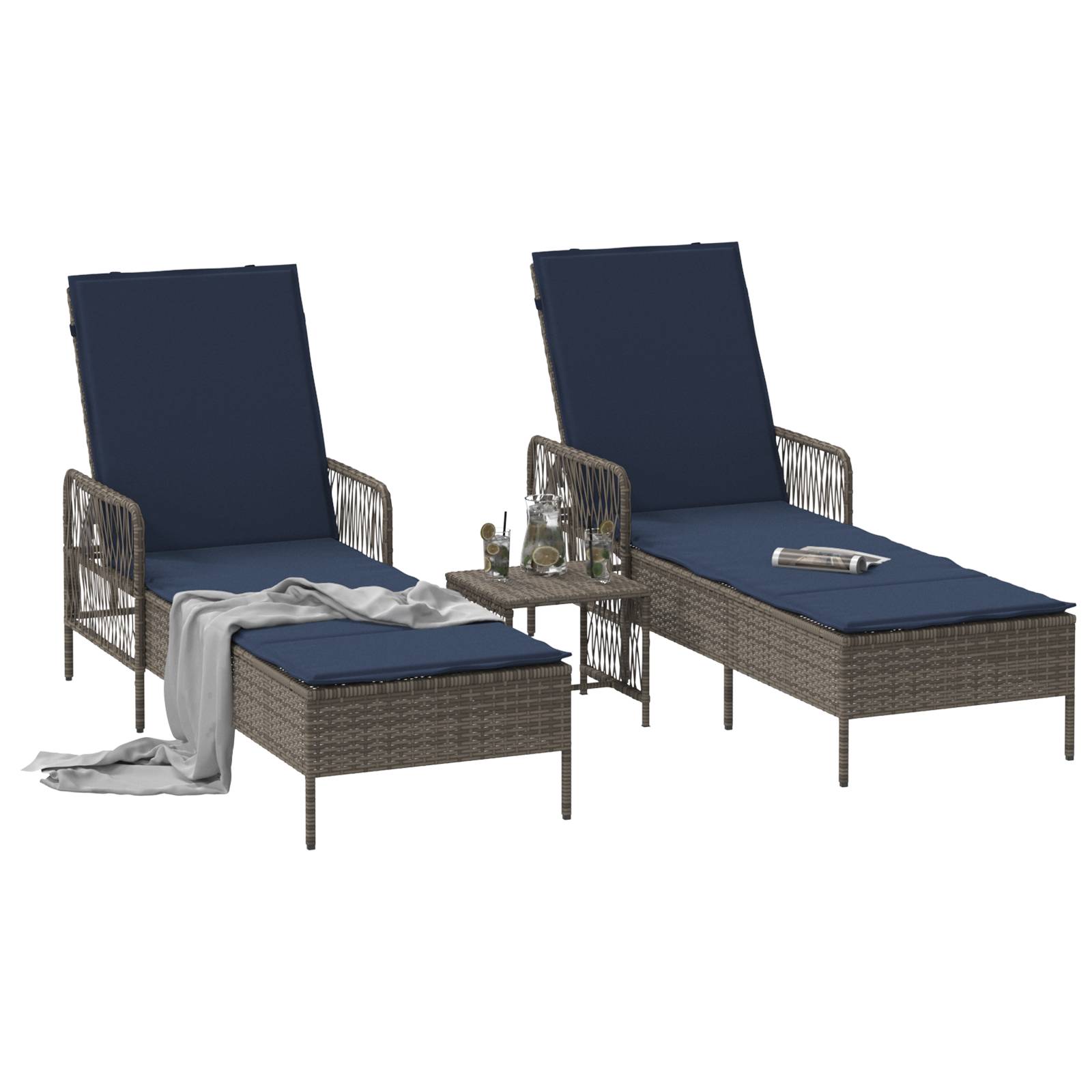 vidaXL Sonnenliege Set aus 3 Grau und marineblau PE-Rattan, Metall