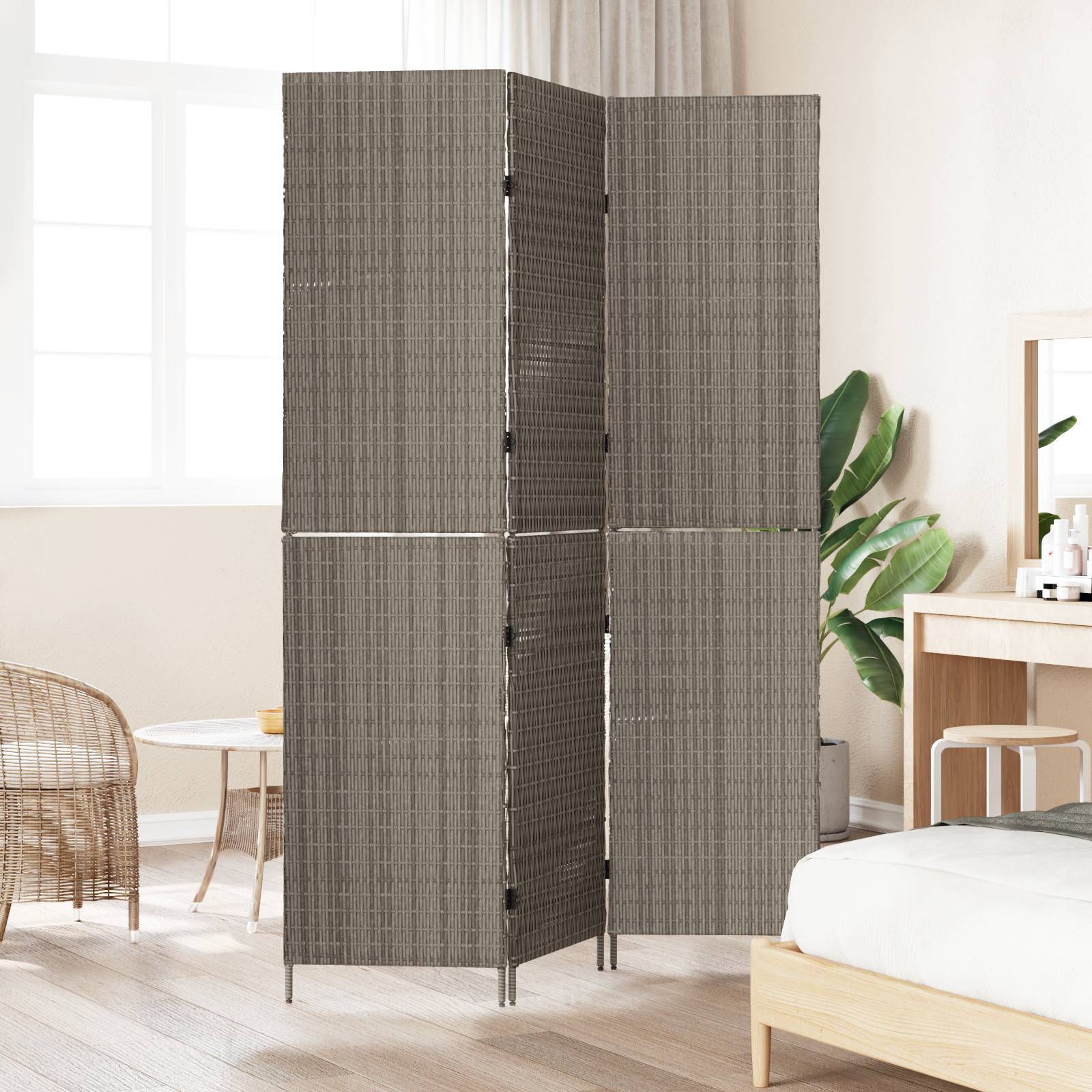 vidaXL Raumteiler 3-teilig Faltbar Grau 147x180 cm Poly Rattan