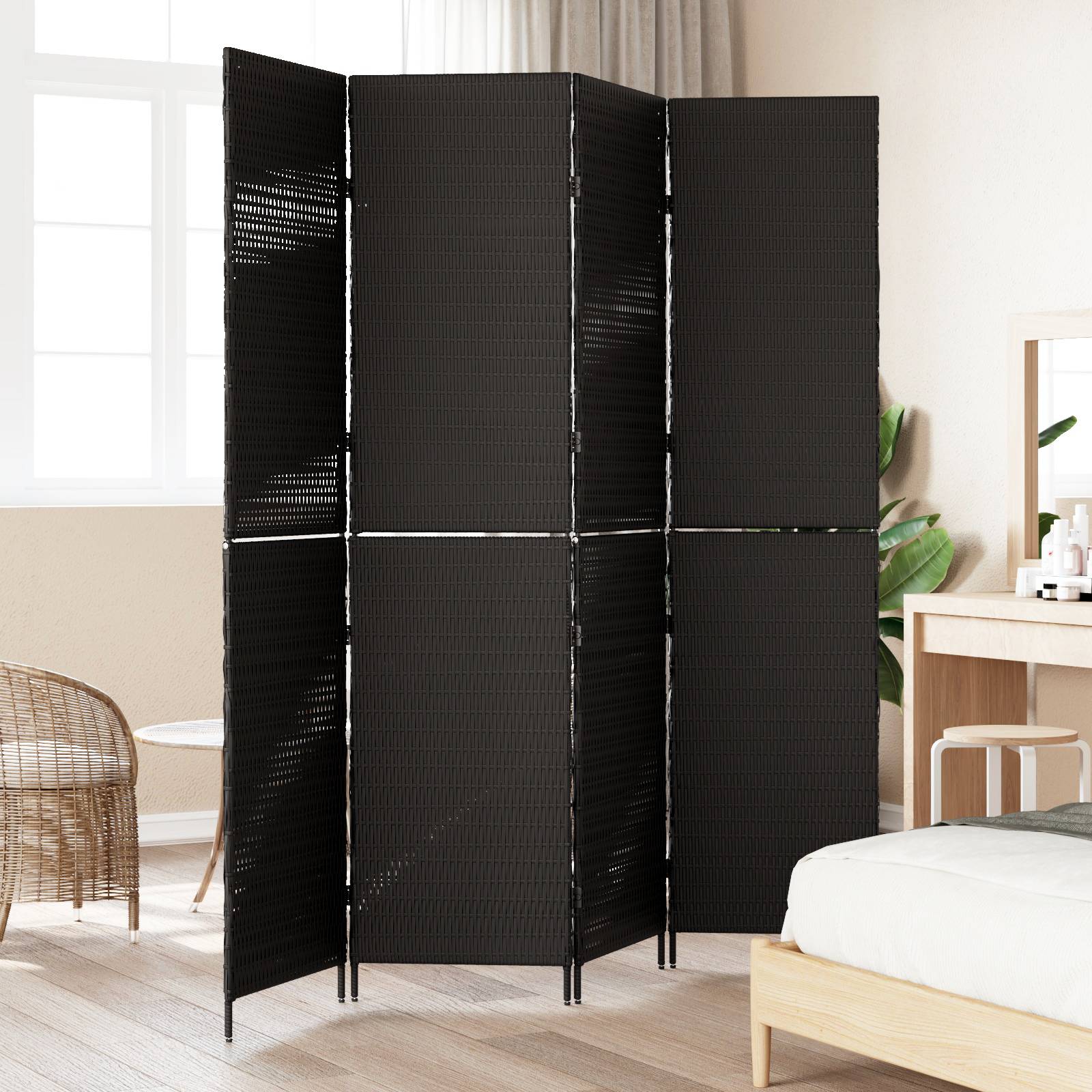 vidaXL Raumteiler 4-teilig Faltbar Schwarz 195x180 cm Poly Rattan