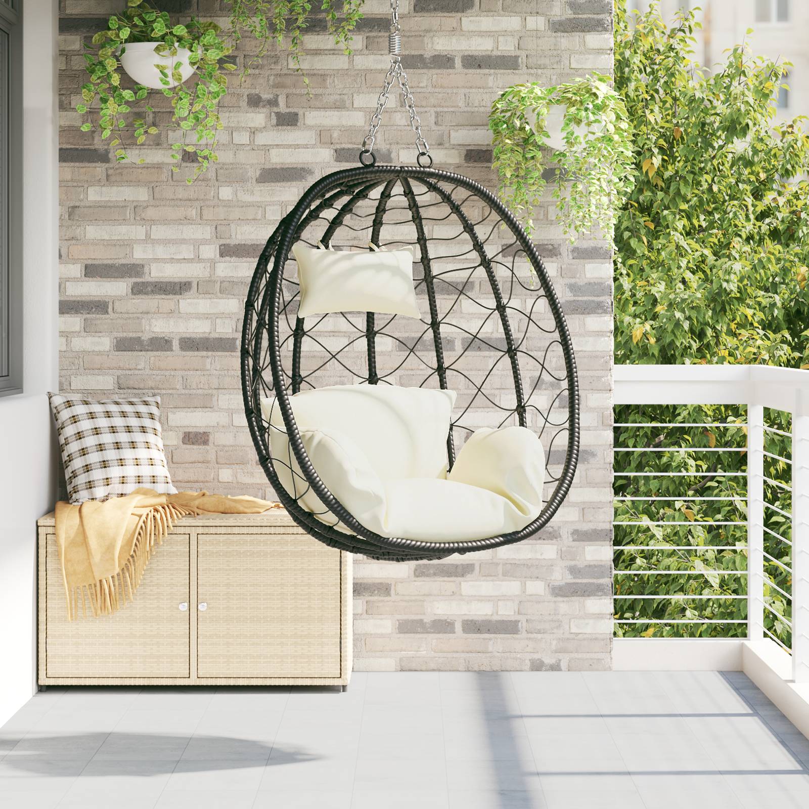 vidaXL Hängestuhl Basket ohne Stand Creme-Weiß Poly Rattan