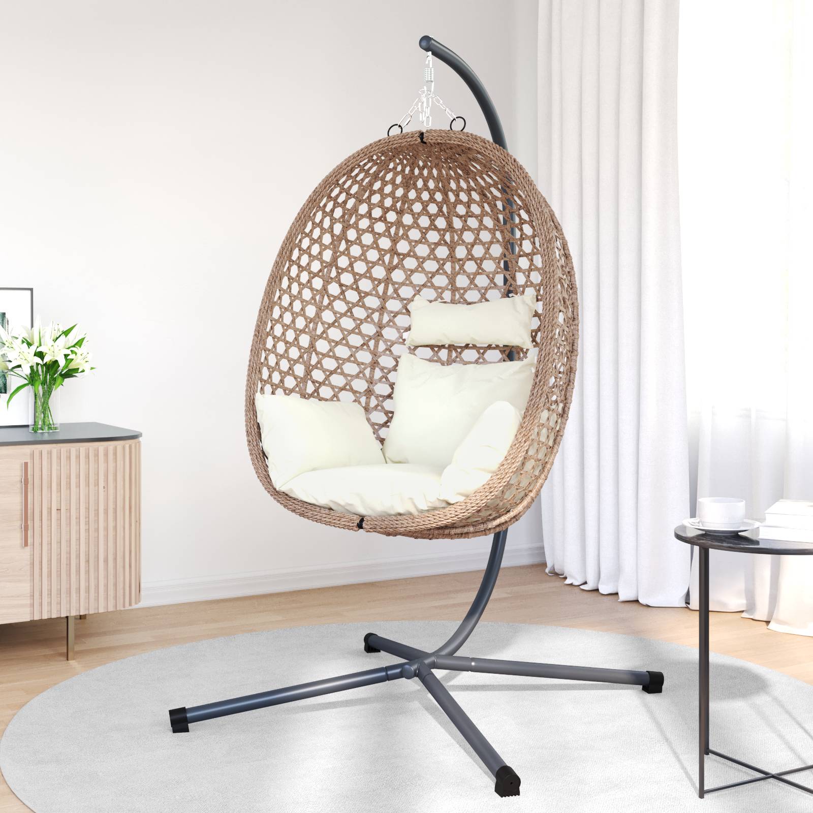 vidaXL Hängender Ei Stuhl Korb mit Ständer Kaffee Poly-Rattan