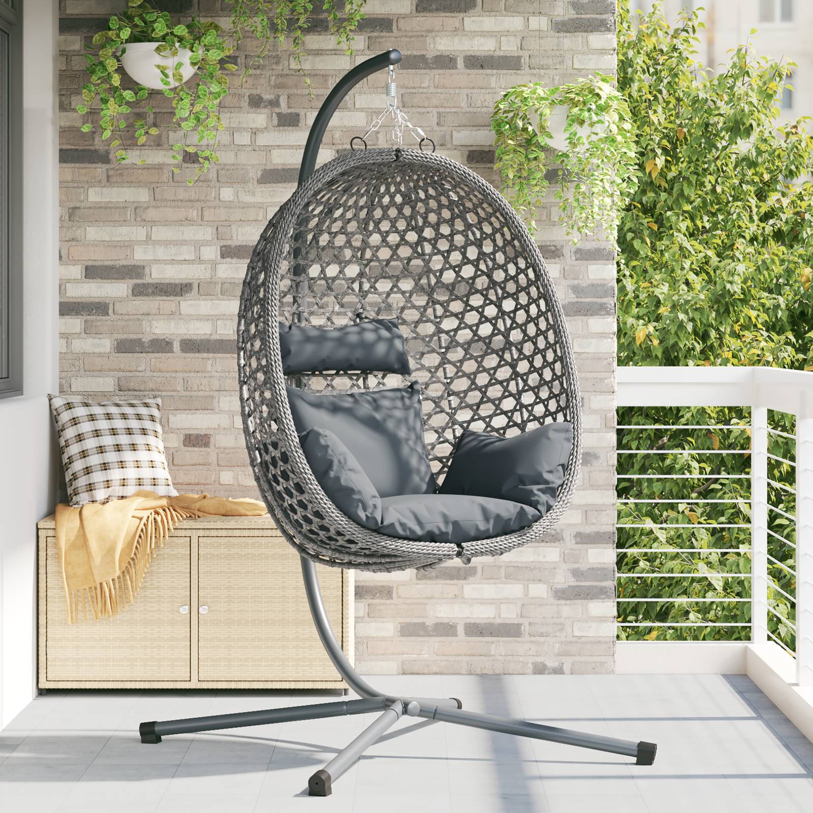 vidaXL Hängender Eierstuhl Korb mit Gestell Grau Poly Rattan