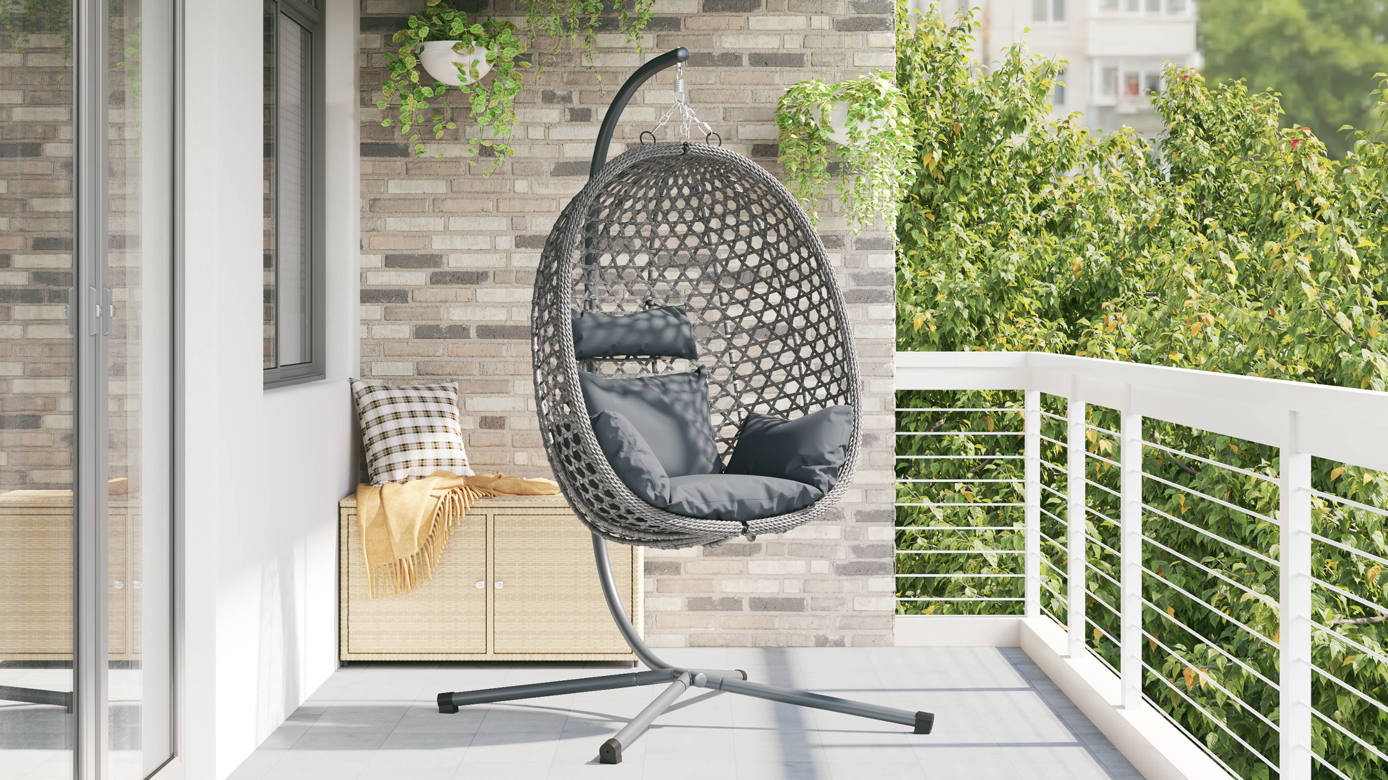 vidaXL Hängender Eierstuhl Korb mit Gestell Grau Poly Rattan