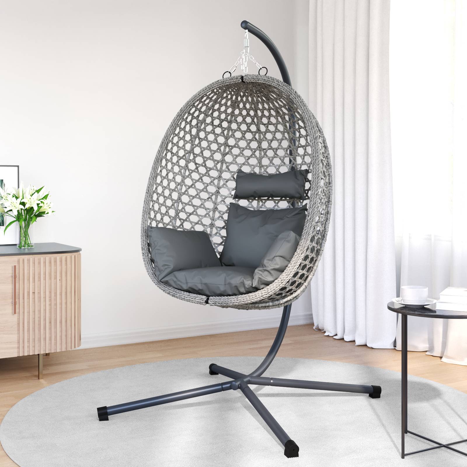 vidaXL Hängender Eierstuhl Korb mit Gestell Grau Poly Rattan