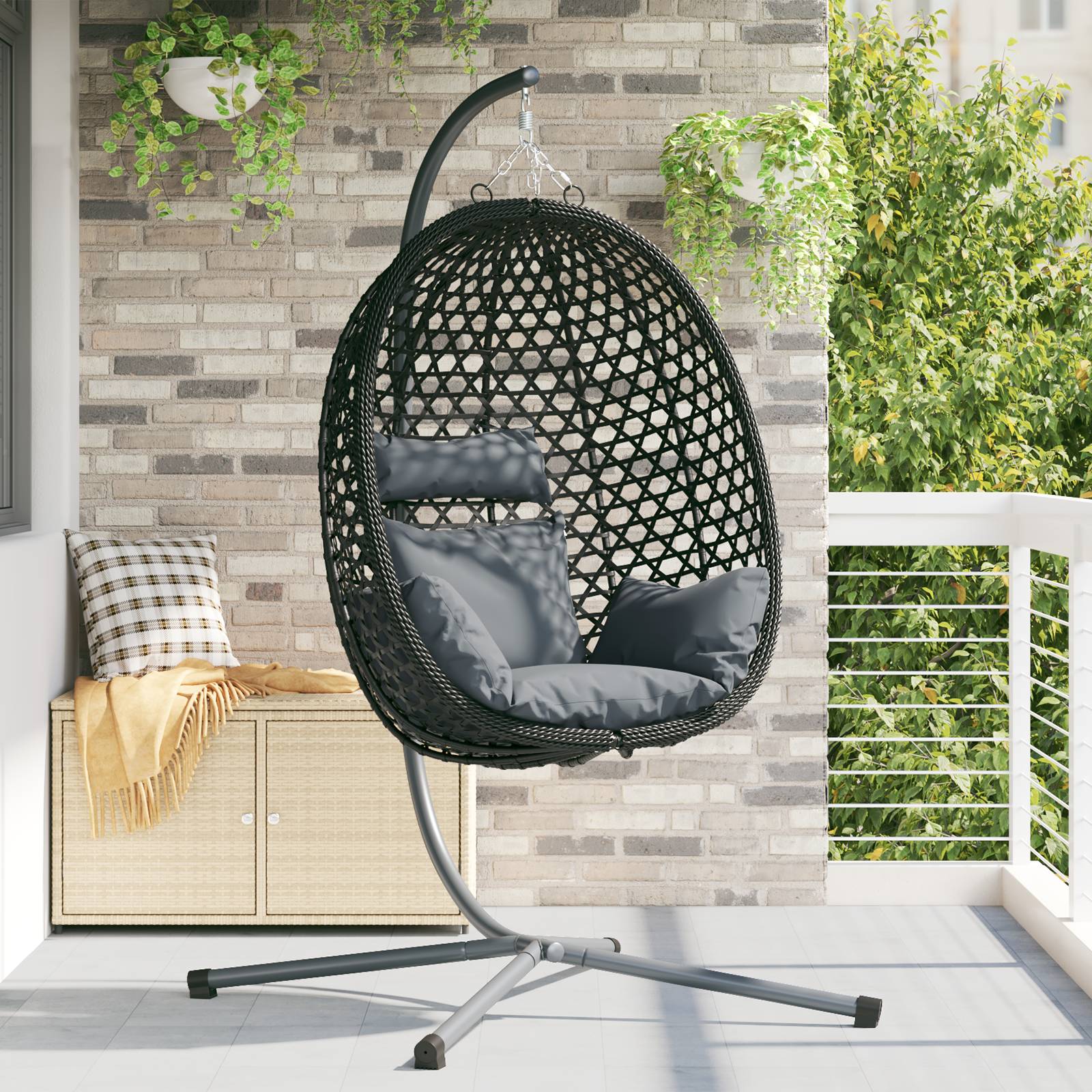 vidaXL Hängender Eierstuhl Korb mit Ständer Anthrazit Poly Rattan