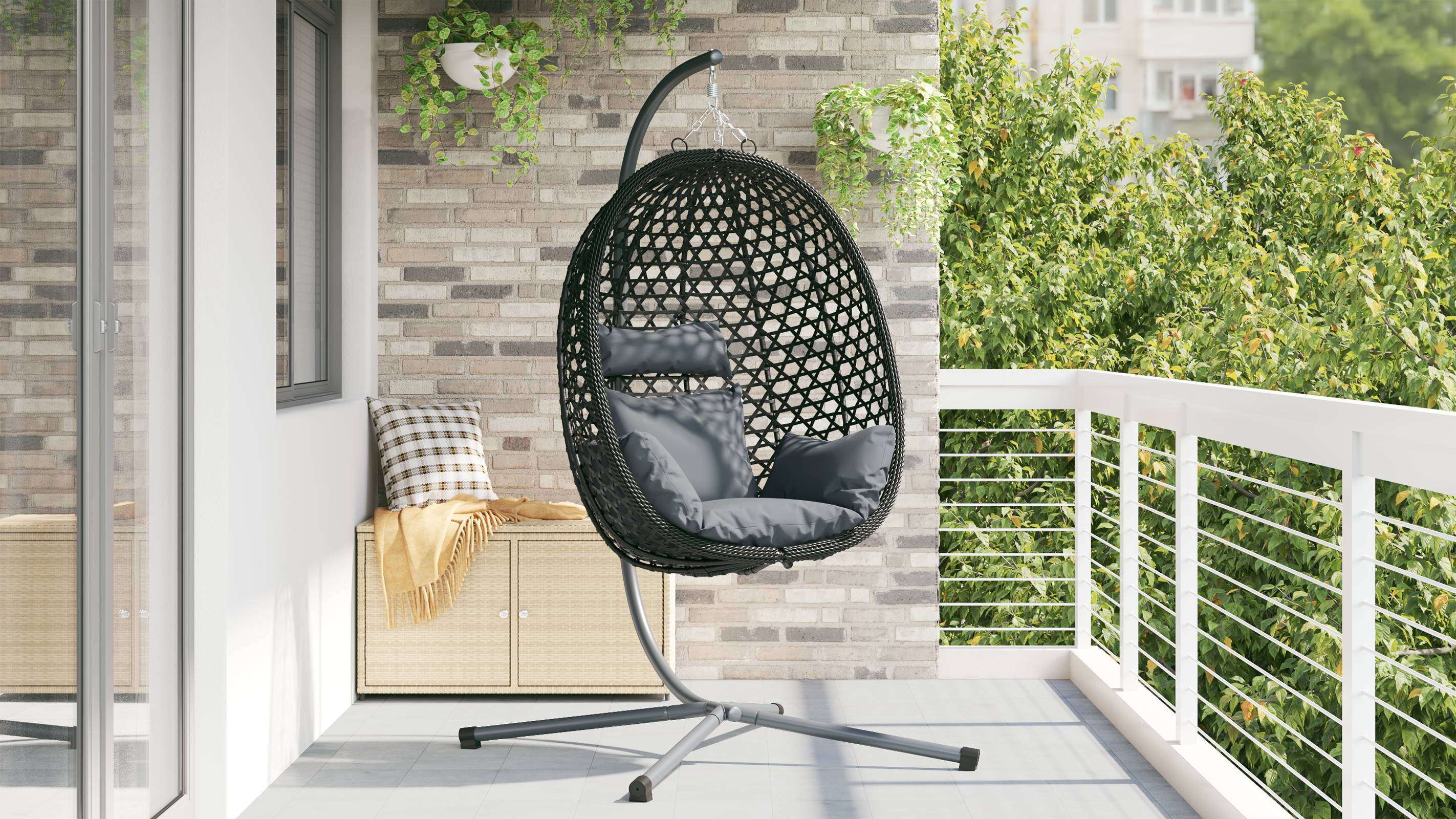 vidaXL Hängender Eierstuhl Korb mit Ständer Anthrazit Poly Rattan