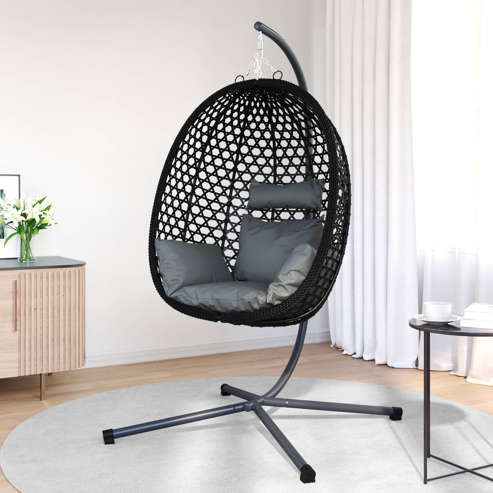 vidaXL Hängender Eierstuhl Korb mit Ständer Anthrazit Poly Rattan