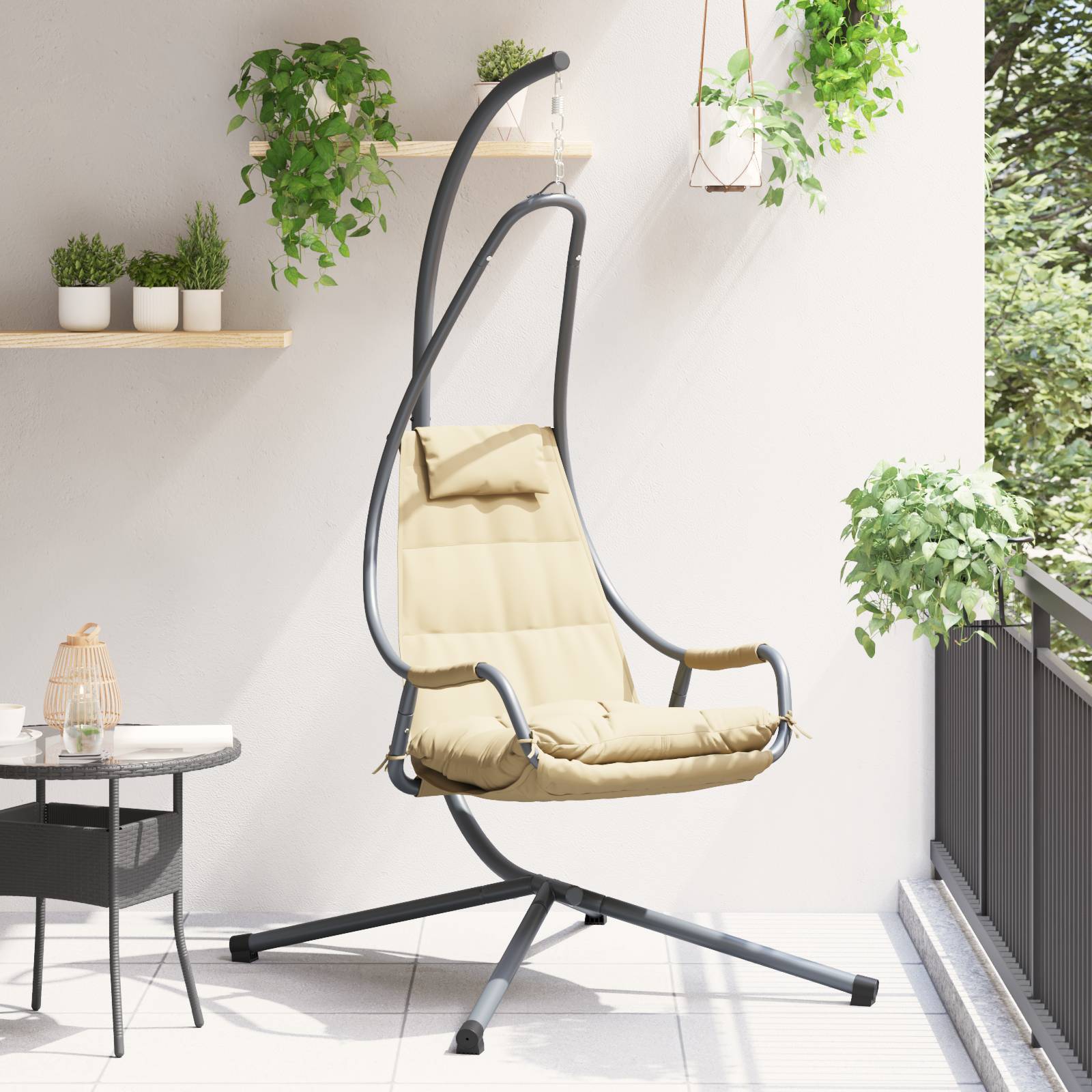 vidaXL Hängestuhl mit Gestell und Kissen Beige Stahl