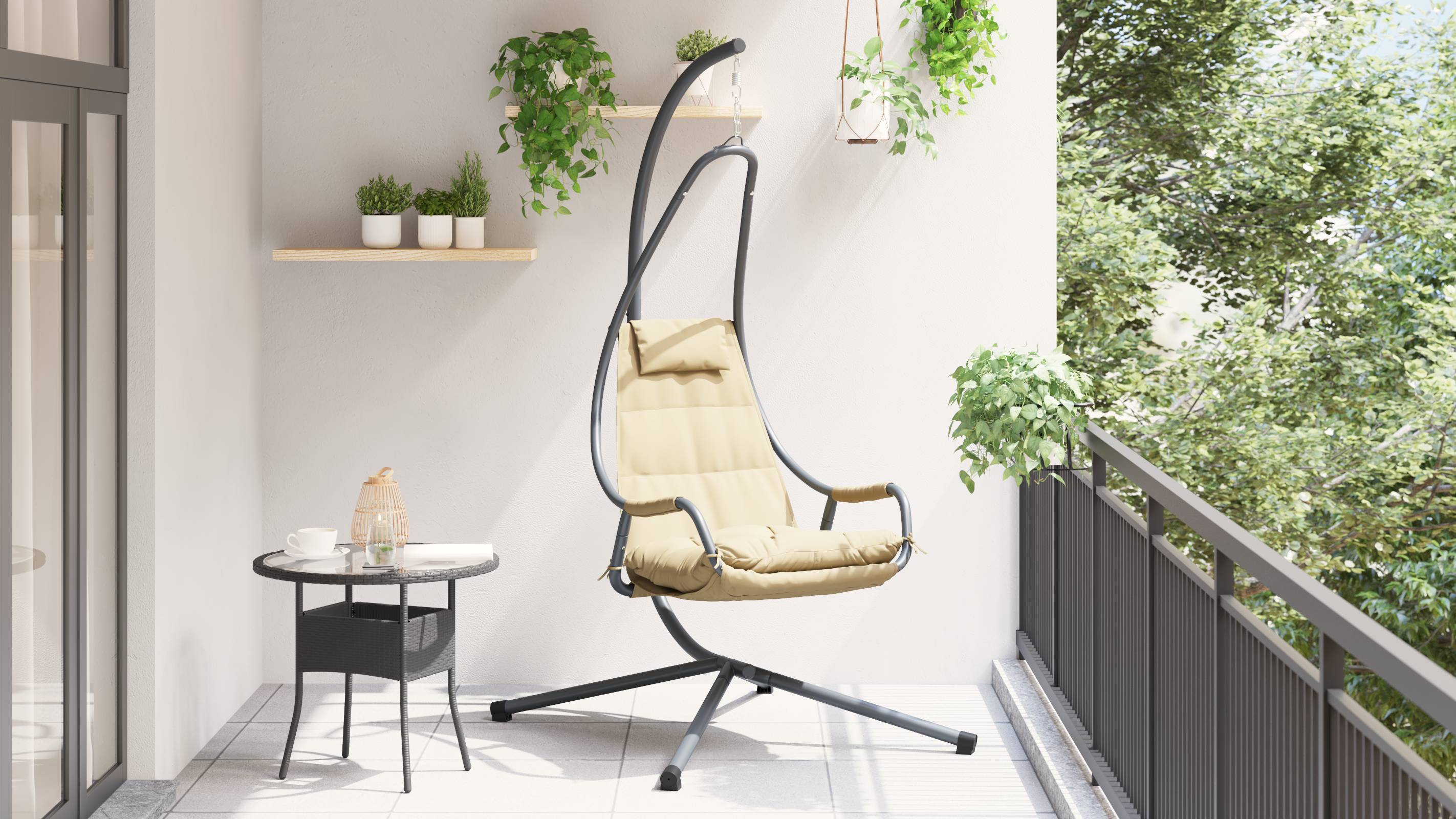 vidaXL Hängestuhl mit Gestell und Kissen Beige Stahl