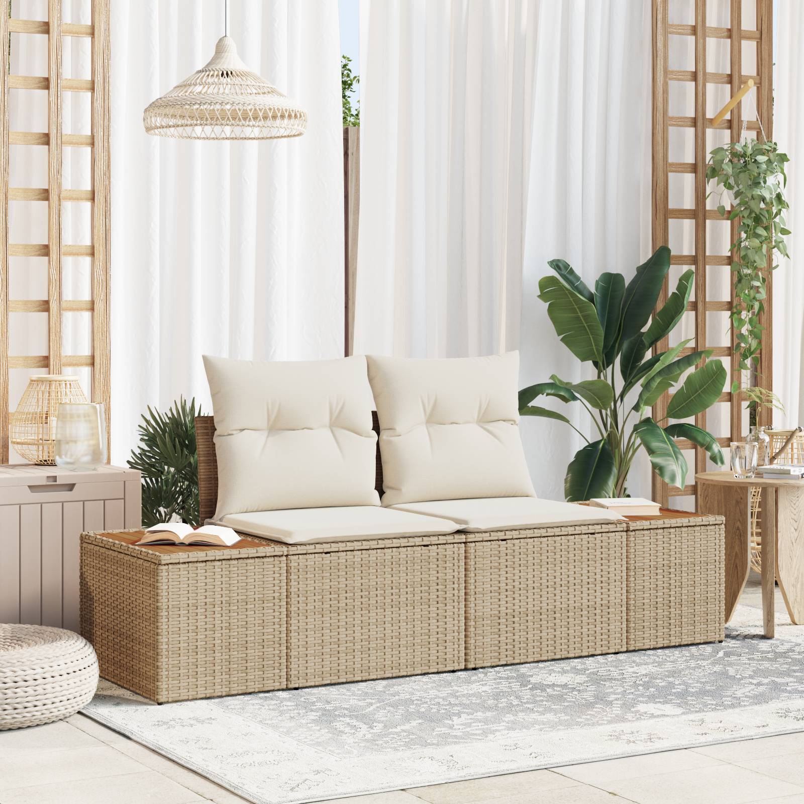 vidaXL Gartensofa 2-Sitzer mit Stauraum und Kissen Beige Poly Rattan