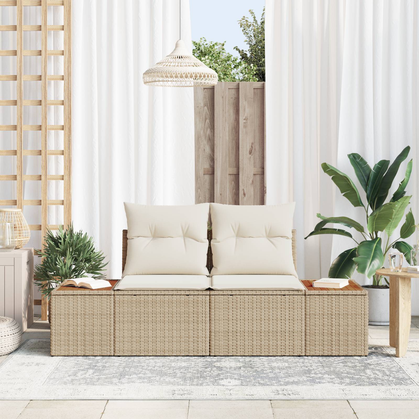 vidaXL Gartensofa 2-Sitzer mit Stauraum und Kissen Beige Poly Rattan