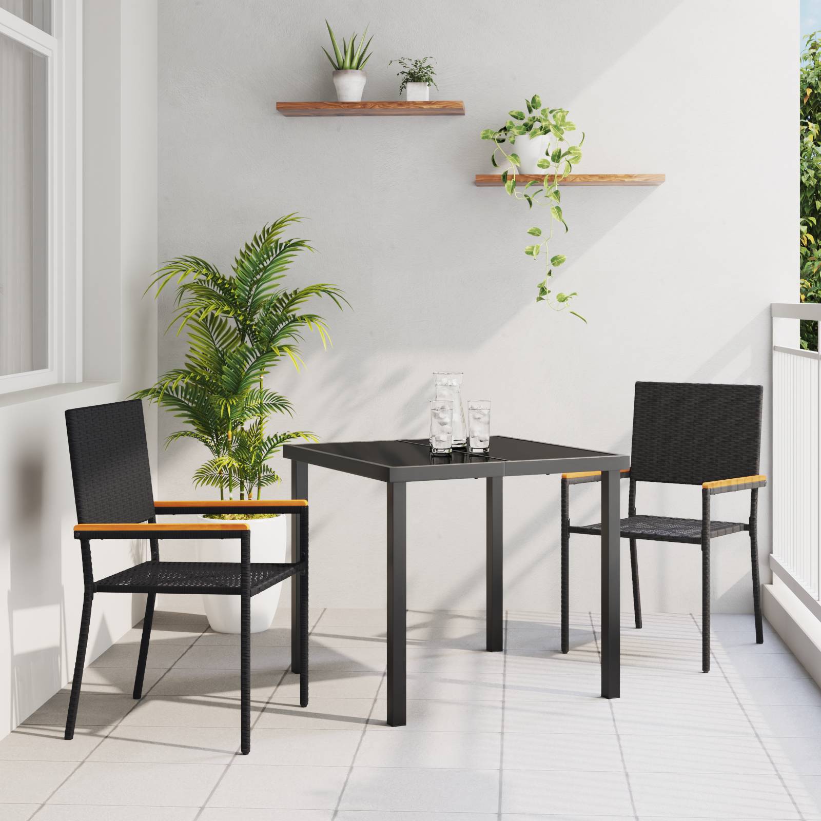 vidaXL stapelbare Gartenstühle - 2-teiliges Set aus schwarzem Poly-Rattan
