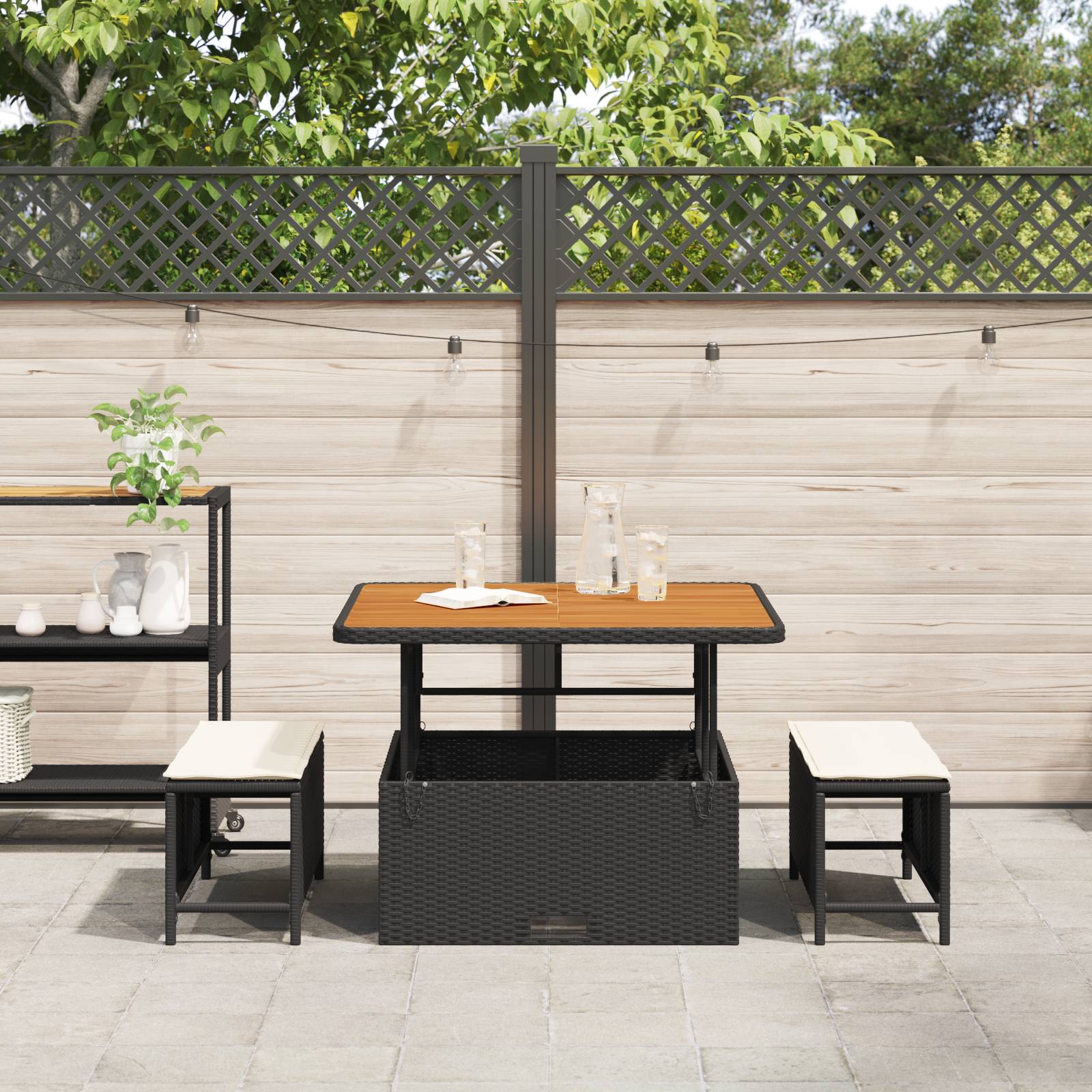 vidaXL 3-tlg. Garten-Essgruppe mit Kissen Schwarz Poly Rattan Akazie