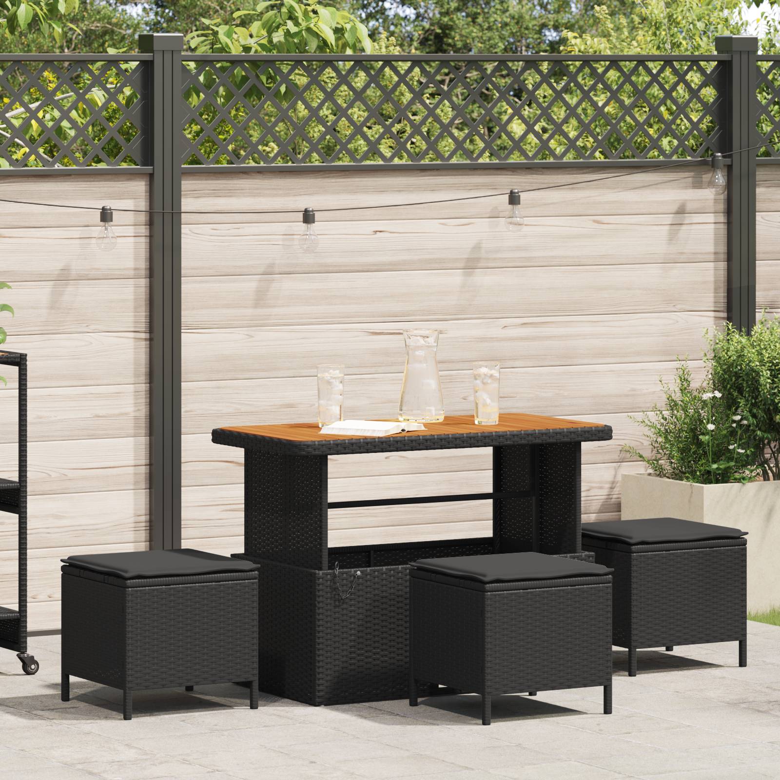 vidaXL 4-tlg. Garten-Essgruppe mit Kissen Schwarz Poly Rattan Akazie