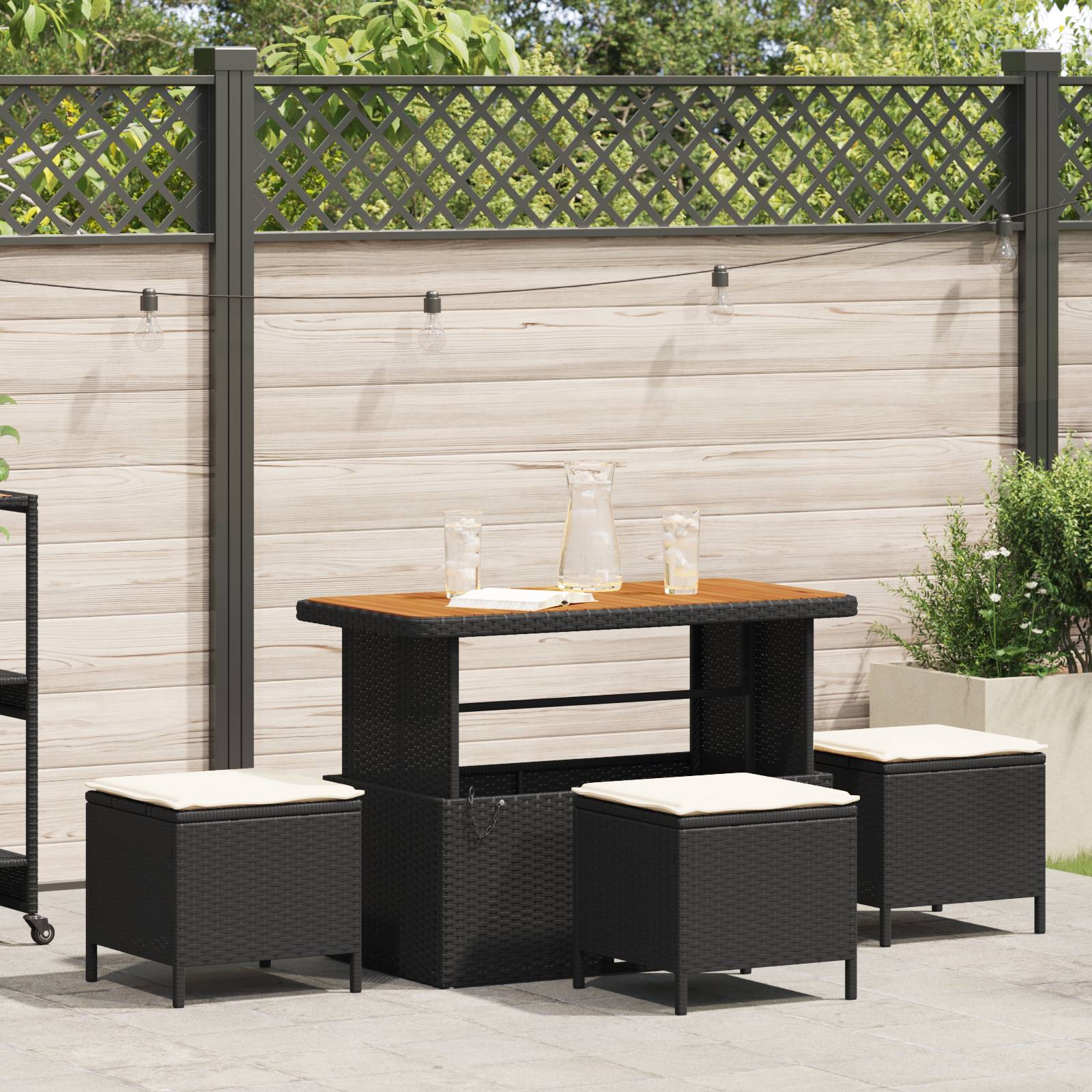 vidaXL 4-tlg. Garten-Essgruppe mit Kissen Schwarz Poly Rattan Akazie