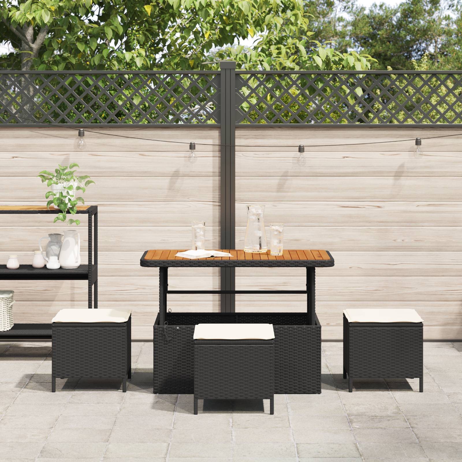 vidaXL 4-tlg. Garten-Essgruppe mit Kissen Schwarz Poly Rattan Akazie