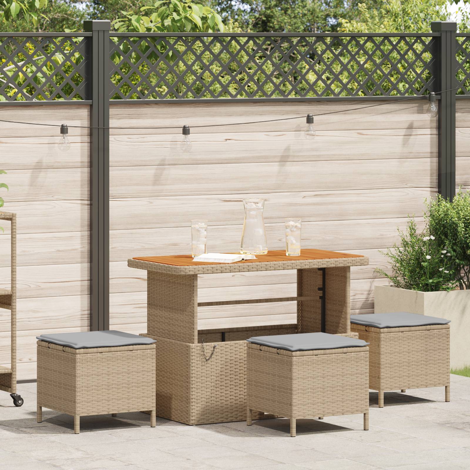 vidaXL 4-tlg. Garten-Essgruppe mit Kissen Beige Poly Rattan Akazie