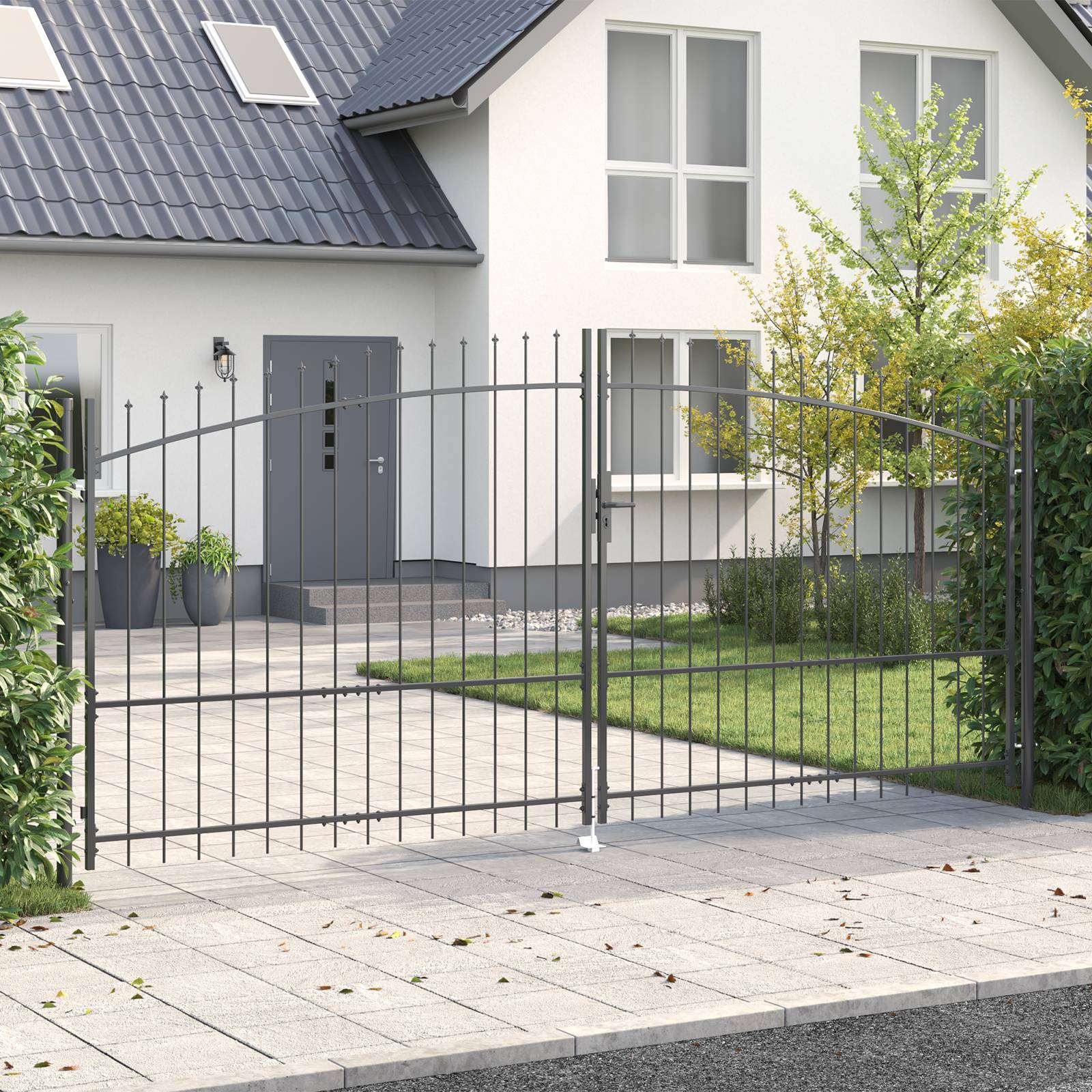 vidaXL Gartentor mit Spear Top Doppelt schwenkbar Grau 175x400 cm Stahl