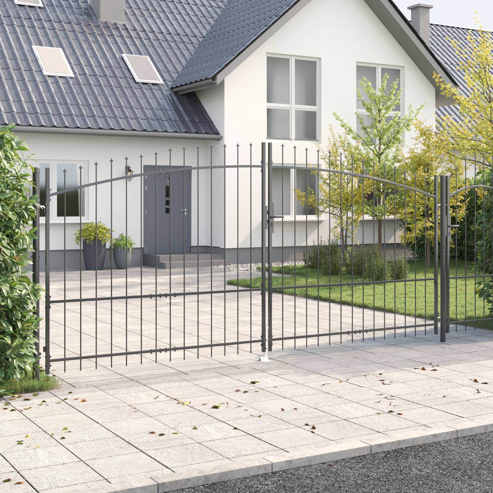 vidaXL Gartentor mit Spear Top Doppelt schwenkbar Grau 175x400 cm Stahl