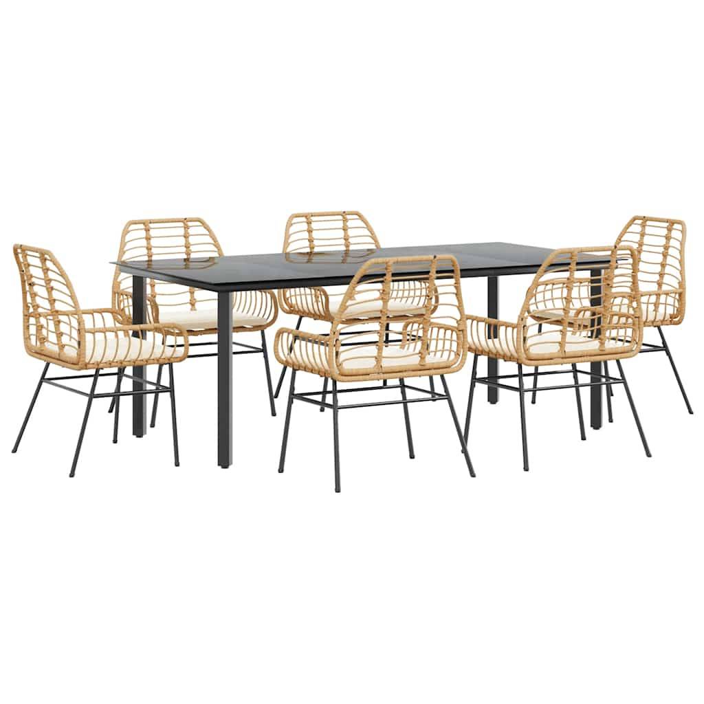 vidaXL 7-tlg. Garten-Essgruppe mit Kissen Braun Poly Rattan Glas