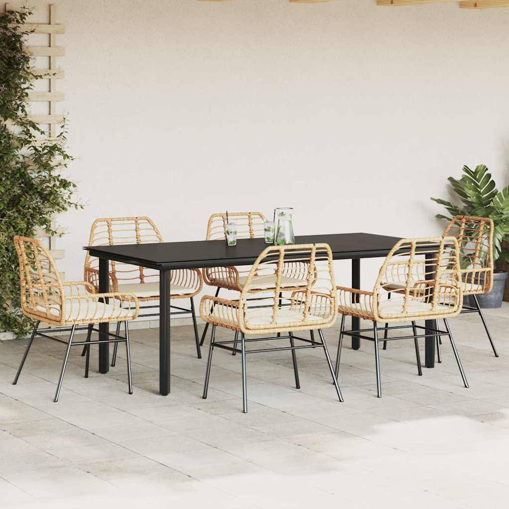 vidaXL 7-tlg. Garten-Essgruppe mit Kissen Braun Poly Rattan Glas